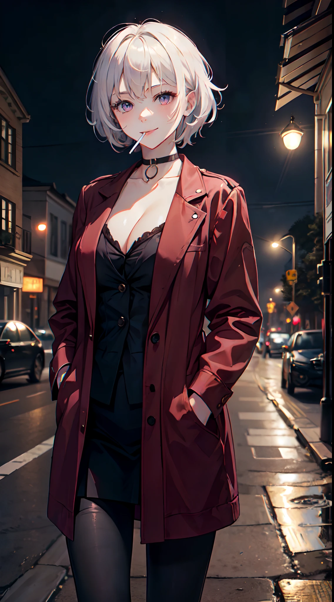 (masterpiece, best quality:1.2), cowboy shot, solo, 1girl, white hair, short wavy hair, purple eyes, average breasts, slender body, light smile, looking at viewer, hands in pockets, lady office suit, cleavage, choker, cityscape scenery, street, night light, night time, smoking cigarette, cigsmoker