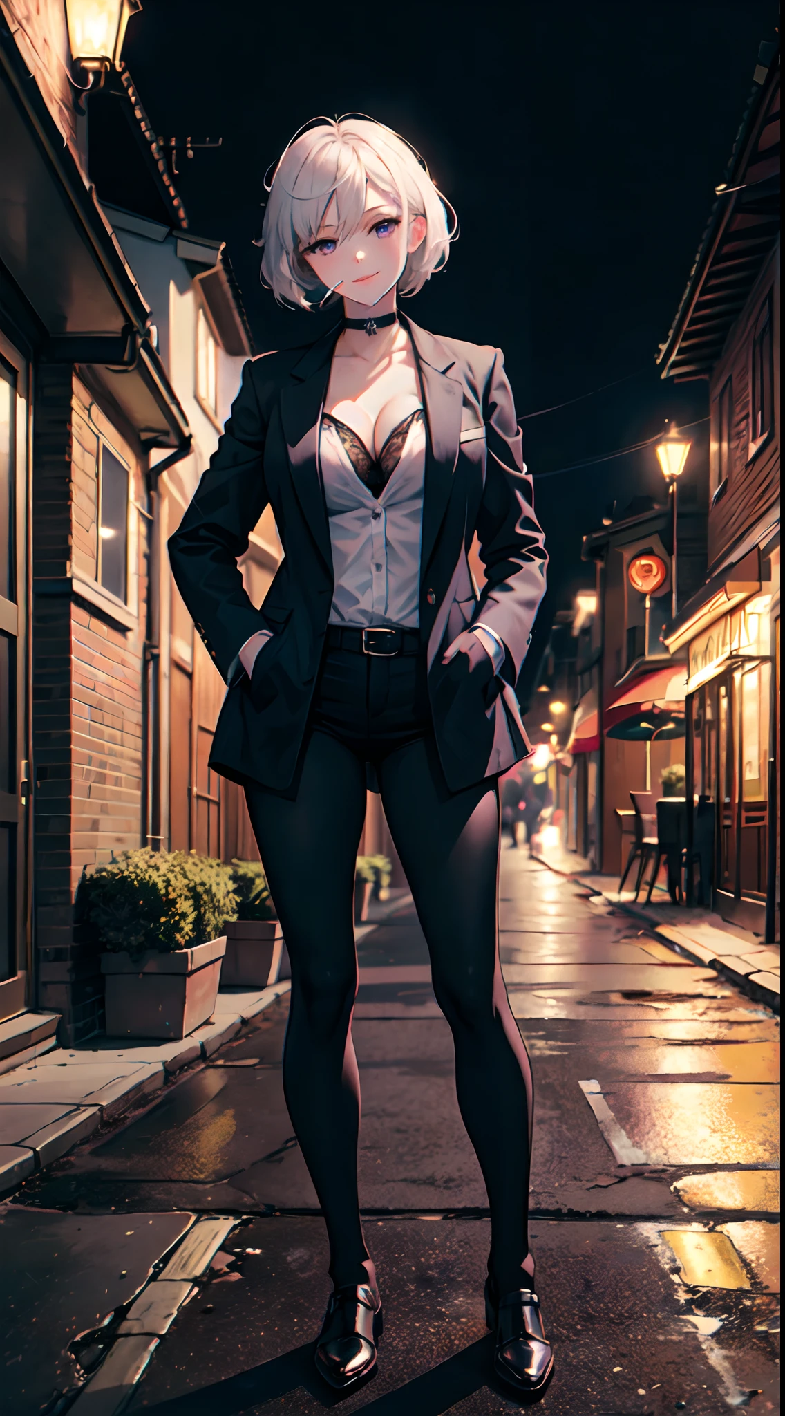 (masterpiece, best quality:1.2), cowboy shot, solo, 1girl, white hair, short wavy hair, purple eyes, average breasts, slender body, light smile, looking at viewer, hands in pockets, lady office suit, cleavage, choker, cityscape scenery, street, night light, night time, smoking cigarette, cigsmoker