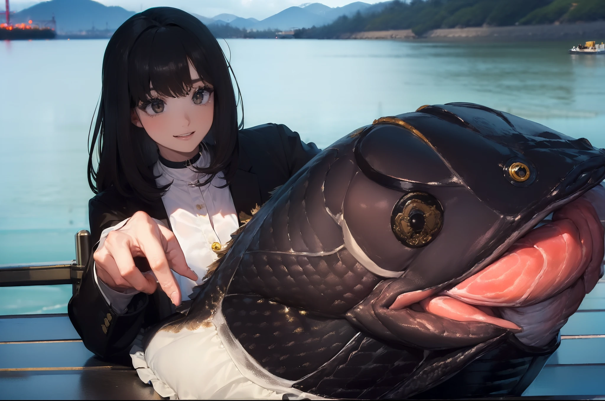 ((((Catch a big black bass by the lakeside:1.5)))),((1 Female 22 years old))((Best Quality, masterpiece :1.5)),(((Hands with the correct number and structure of fingers:1.4))),hight resolution,ultra-detailliert,masterpiece,best qualtiy,,Black hair, long eyeslashes, Solid Circle Eyes, Smiling Woman, drop shadow, Atmospheric perspective,Super Detail, ccurate, small brest,(Black jacket :1.1),top-quality, blurry backround, bokeh dof:1.2, (masterpiece:1.3), Atmospheric perspective,Super Detail,dynamic compositions