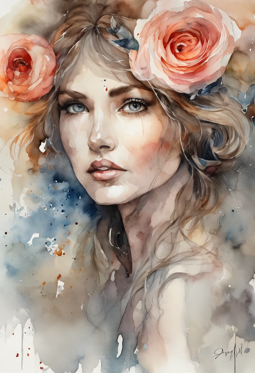 A zoomed-in view of a woman's face, captured in colors Very much a Live,A beautiful big rose in the hair,  With brightness  her eyes gazing directly at the viewer with an intense expression, her features etched with a sense of mystery and allure, surrounded by wisps of fog, adding an ethereal touch, Sculpture, carved from marble