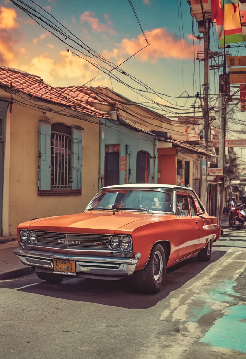 carreata com carros passando em uma rua, estes carros tem bandeiras brancas penduradas nas portas, ao fundo aparece uma cidade, estilo cartunesco