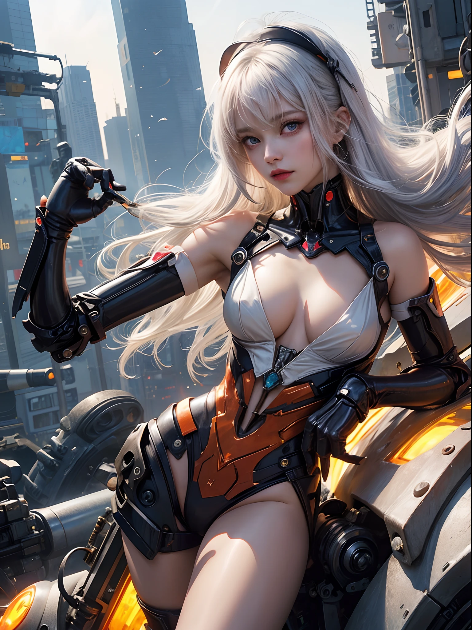 white  hair、long fluttering hair、strong breeze、Orange Eyes、radiant eyes、Evangelion Girl、small tit、Breasts are small and B size、The face and chest are alive、Cleavage is visible。photoRealstic、portfolio、Evangelion-style metal mecha suit、an oppai cyberpunk、Gothloli details、metalic、detailed mechanical components、Bundle of thin tubes、Metal cylinder、Detailed neon、Fine LED、Fine parts、Background Machine City、
