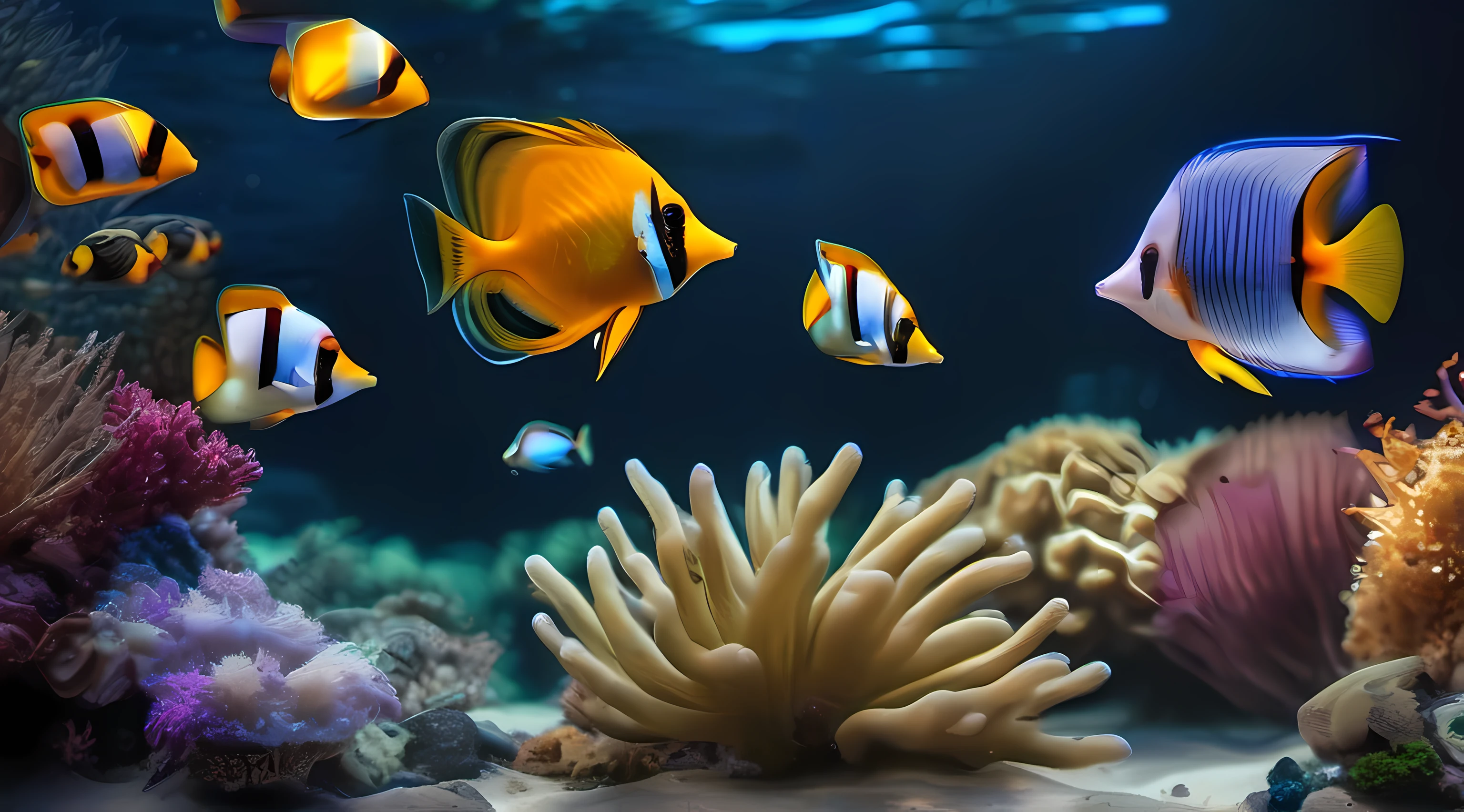 Imagem marinha, Underwater, exotic fish, bioiluminescente, plantas marinhas, corais, cores quentes, cinematic lighthing, detalhes intrincados, 8K