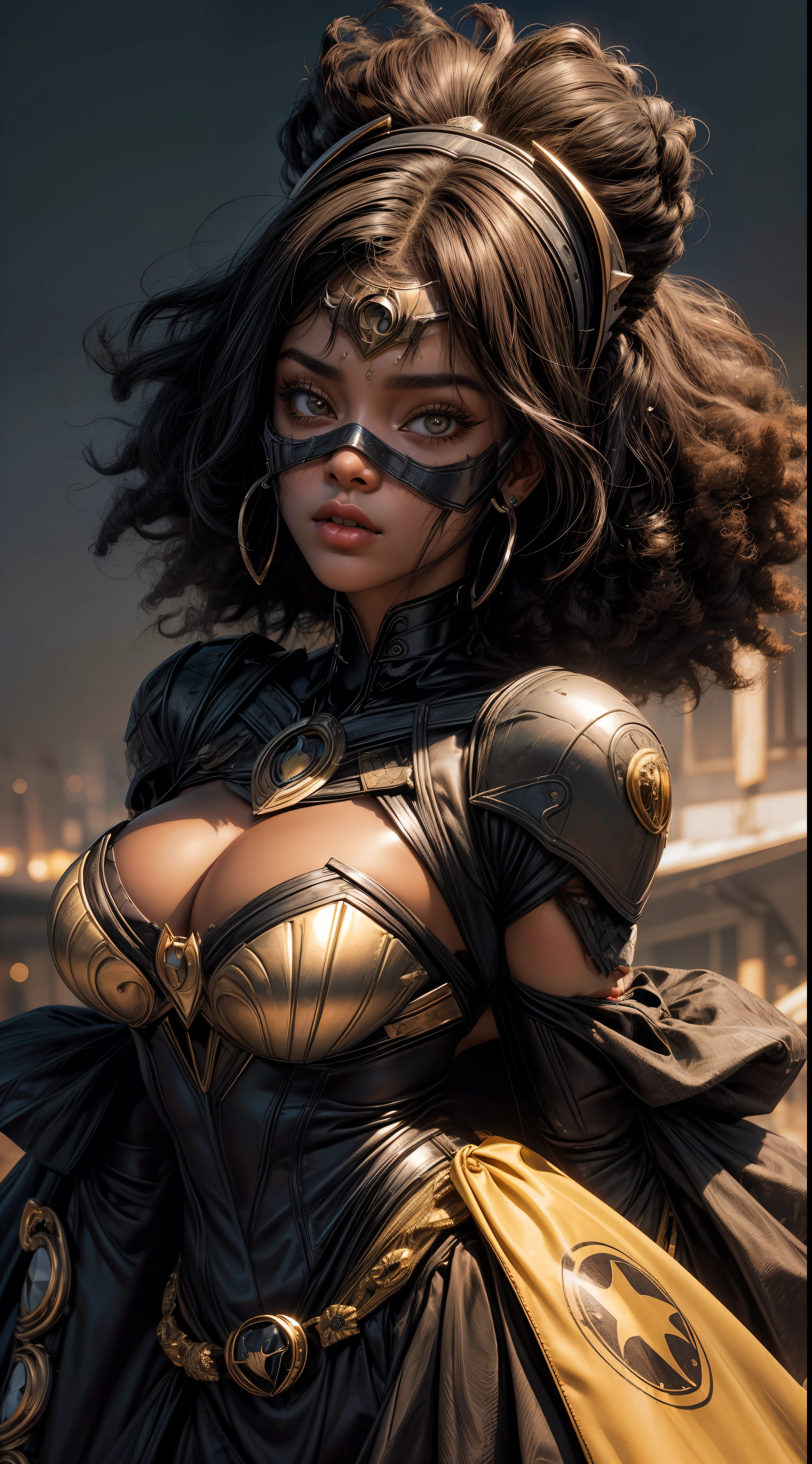 1 closeup de uma (garota 18 anos afro americana)batgirl  negra ((AFRO AMERICANA)), cabelo curto, ((Using Batgirl's mask))with hat ((cabelo curto e liso com franja)), fear expression, assustada,,( fleshy lips)olhos grandes,sardas no rosto de ,batom vermelho,( pircing on the lip),colar, brinco, e maquiagem, Angle of the face up close, perfil,Looking at camera