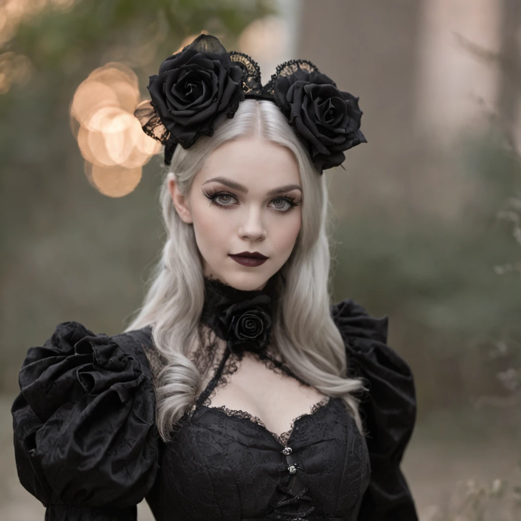 uma garota, lolita gothic clothing, durante a noite lua cheia em Londres