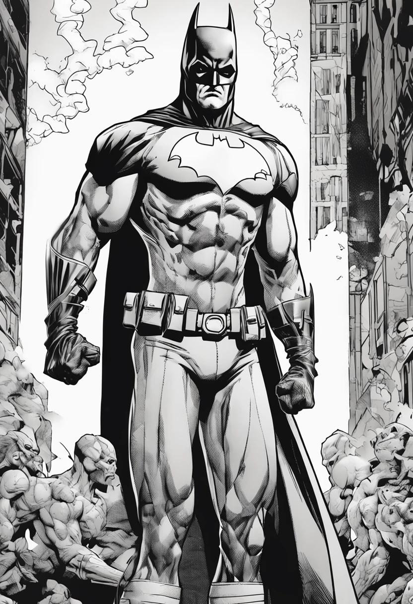 Generate a colorless comic book style image of the character named Batman in full body, de la cabeza a los pies, no body parts cut off or extending beyond the frame. The image must have a comic book style, and the physical characteristics and details of Batman's clothing must be clearly visible. Por favor, coloque la imagen sobre un fondo blanco pleno. action pose