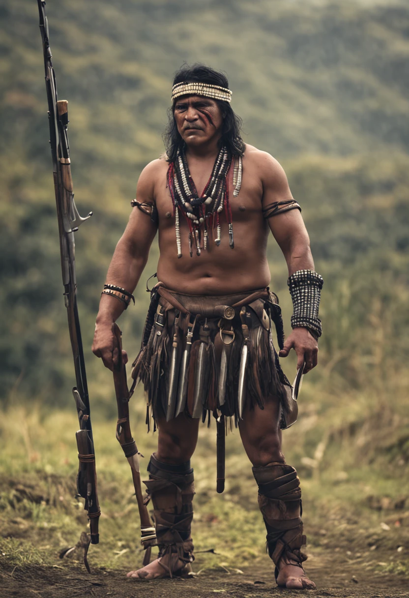 Mapuche, indigenous from Chile, with weapons ready for war with bare chest and full body, realistic human, with visible muscles