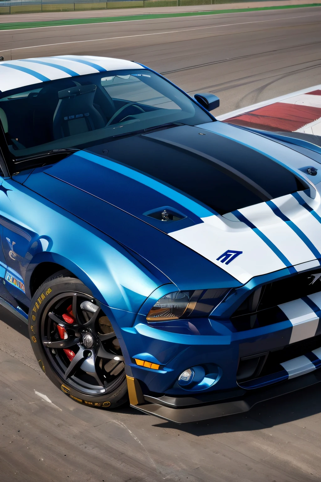 arafed mustang racing on a track with a blue and white stripe, mustang, closeup shot, muscle cars, 2012, 2 0 1 2, 2 0 1 1, 2011, high-body detail, closeup portrait shot, high quality wallpaper, photorealistic”, photorealistic ”, photo realistic”, hyper realistic”, hyper realistic ”, close up shot