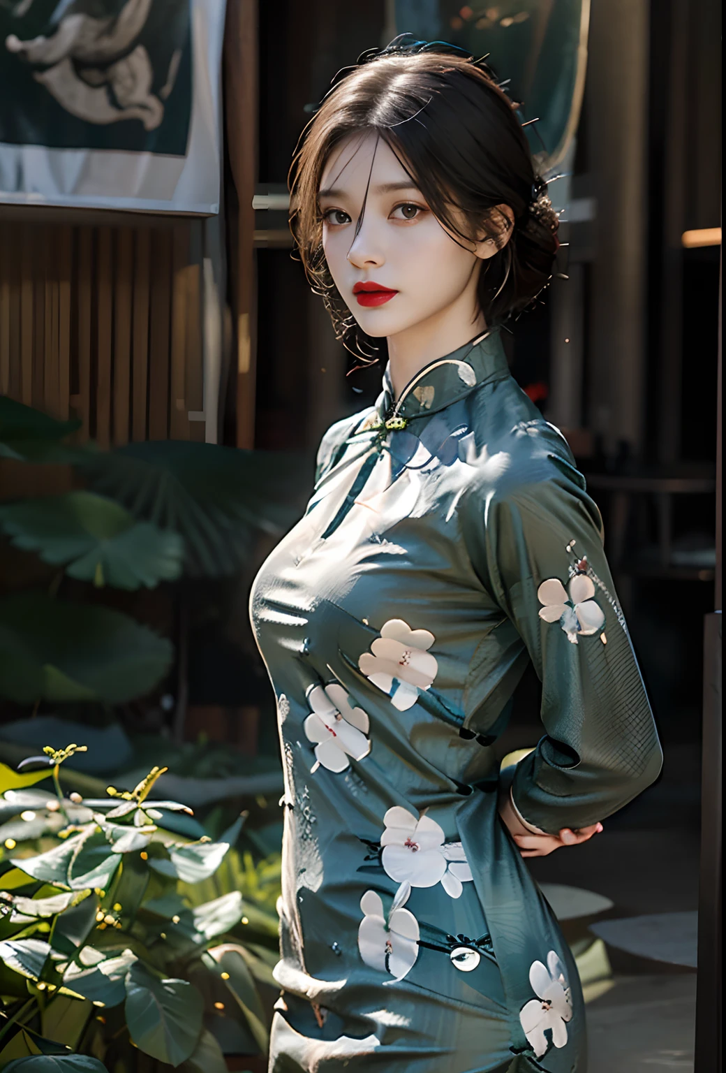 (green printed china dress),1 girl, (arms behind back:1.1),(realistic:1.7),((best quality)),absurdres,(ultra high res),(photorealistic:1.6),photorealistic,octane render,(hyperrealistic:1.2), (photorealistic face:1.2), (8k), (4k), (Masterpiece),(realistic skin texture), (illustration, cinematic lighting,wallpaper),( beautiful eyes:1.2),((((perfect face)))),(cute),(standing),(black hair),black eyes,red lips, (outdoors),