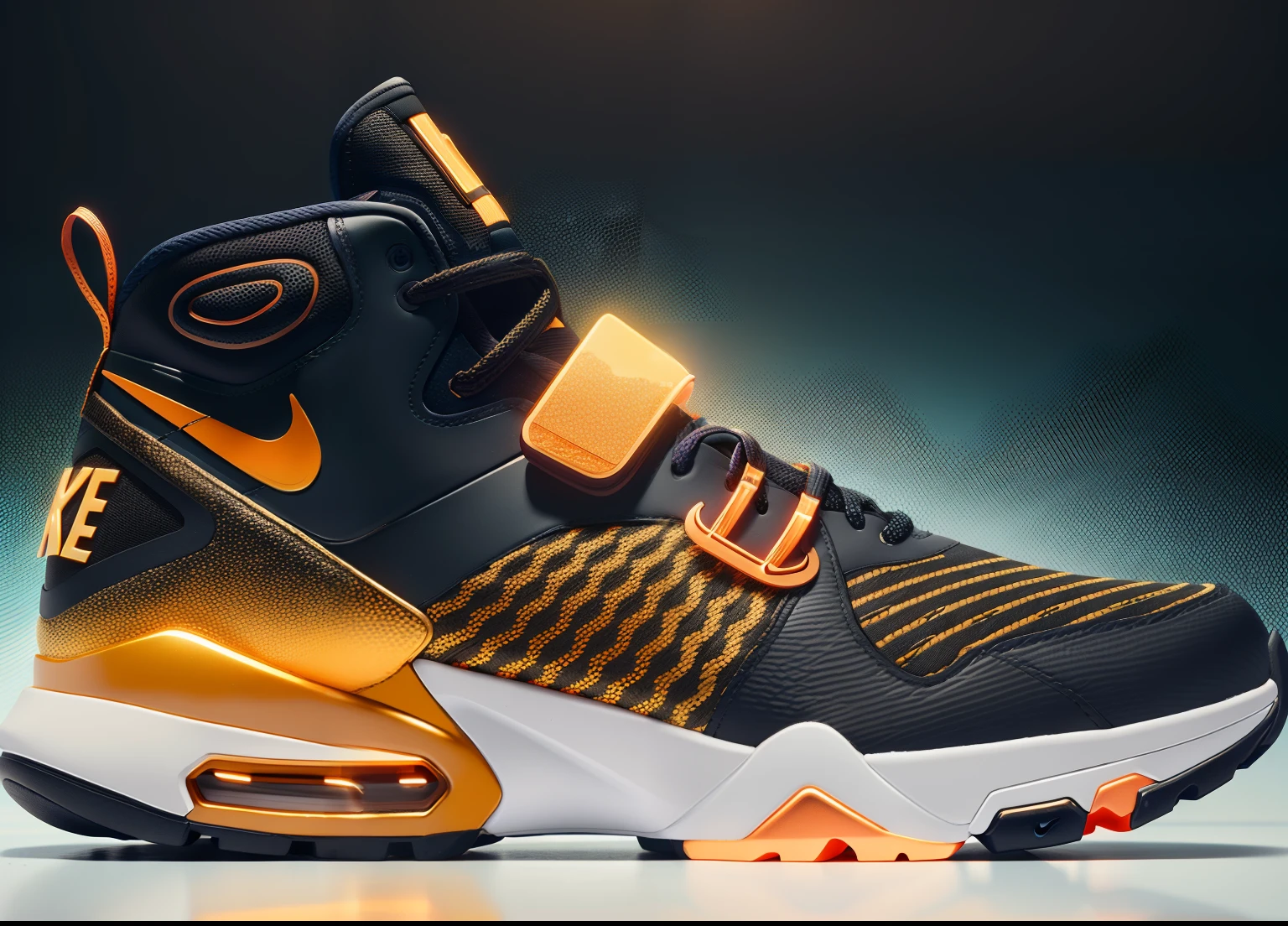 product photography of a cybepunk nike sneaker, epic rendering, octane, atmosphere, particles, soft volumetric lights, (backlit:1.3), (cinematic:1.3), intricate details of neon orange and black gold colors, detail,(side view),center of page white