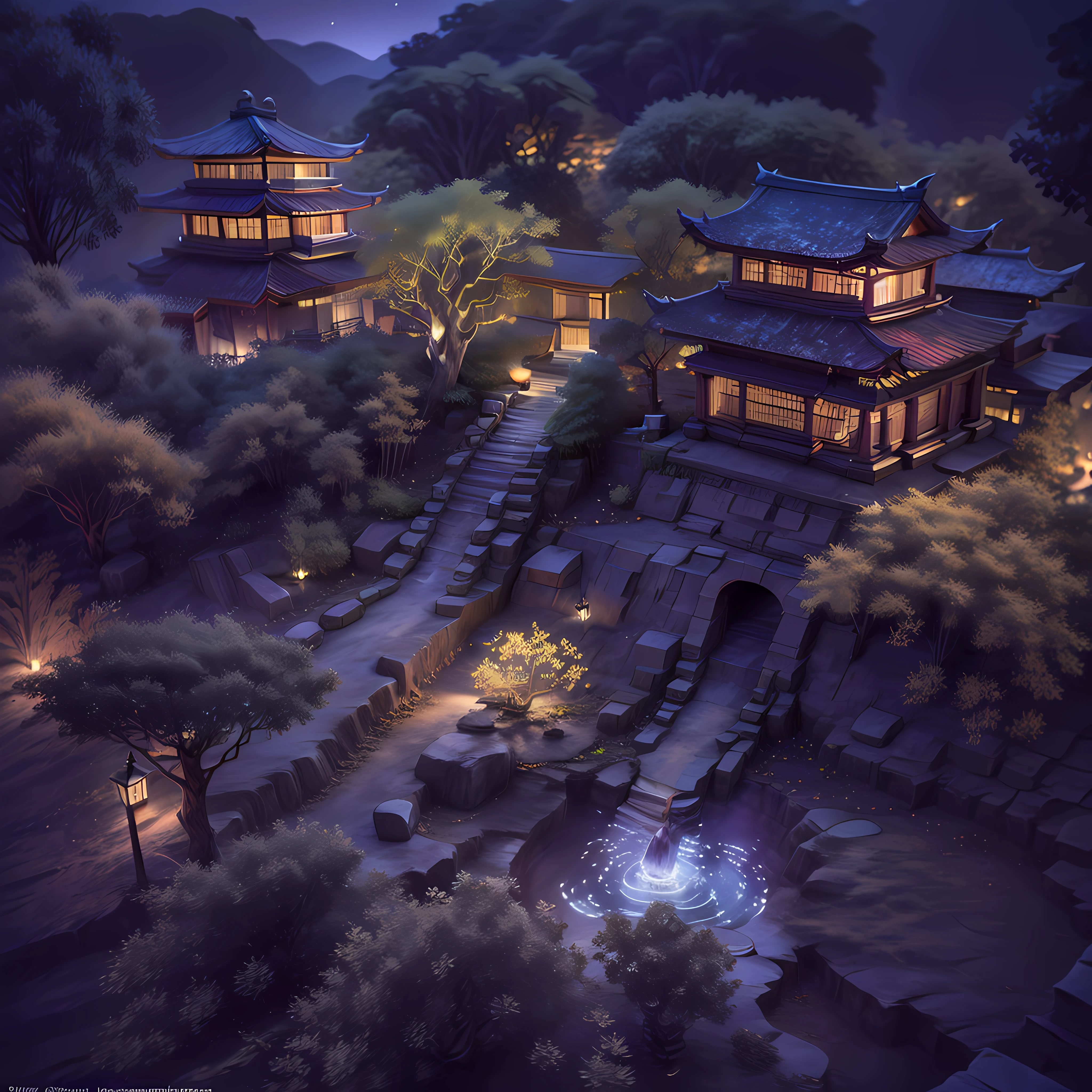 ((diffuse colors)), (( Top view, high angle view, Focal point composition)), Ancient Chinese architecture, cool colors, dark night, moon, garden, bamboo, lake, stone bridge, rockery, arch, corner, tree, running water, landscape, outdoor, waterfall, grass, rock, intense rainfall, thunderstorm, vines all around, giant and wet trees, with glowing leaves in the trees, glowing fireflies and glowing particle effects, a japanese castle at the top of a mountain, masterpiece, best quality, high quality, extremely detailed CG unity 8k wallpaper, oil paiting, award winning photography, Bokeh, Depth of Field, HDR, bloom, ,Photorealistic,extremely detailed, trending on artstation, trending on CGsociety, Intricate, High Detail, dramatic, art by midjourney, volumetric lighting