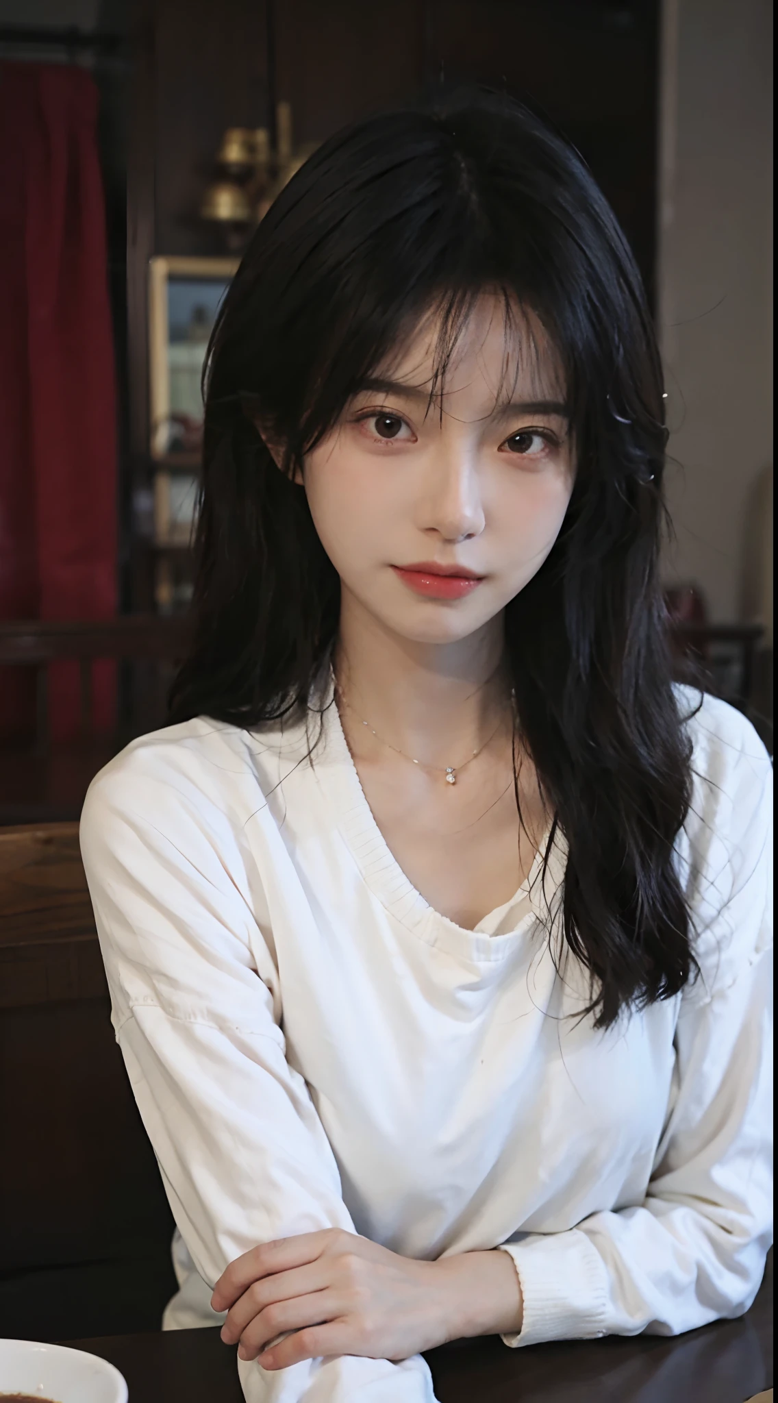 best qualtiy, 超高分辨率, (realisticlying:1.4),cute hairpin,1girll,Red long-haired,Cropped sweater ,Beautiful woman with a slim figure:1.4, Pronounced abs:1.4, On the island,Ultra-fine face,Elaborate Eyes,二重まぶた,choker necklace
