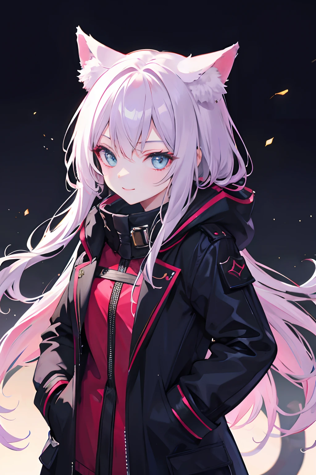 1girl,nightcity,Sateen,coat large,Put your hands in your pockets,ssmile,cat ear