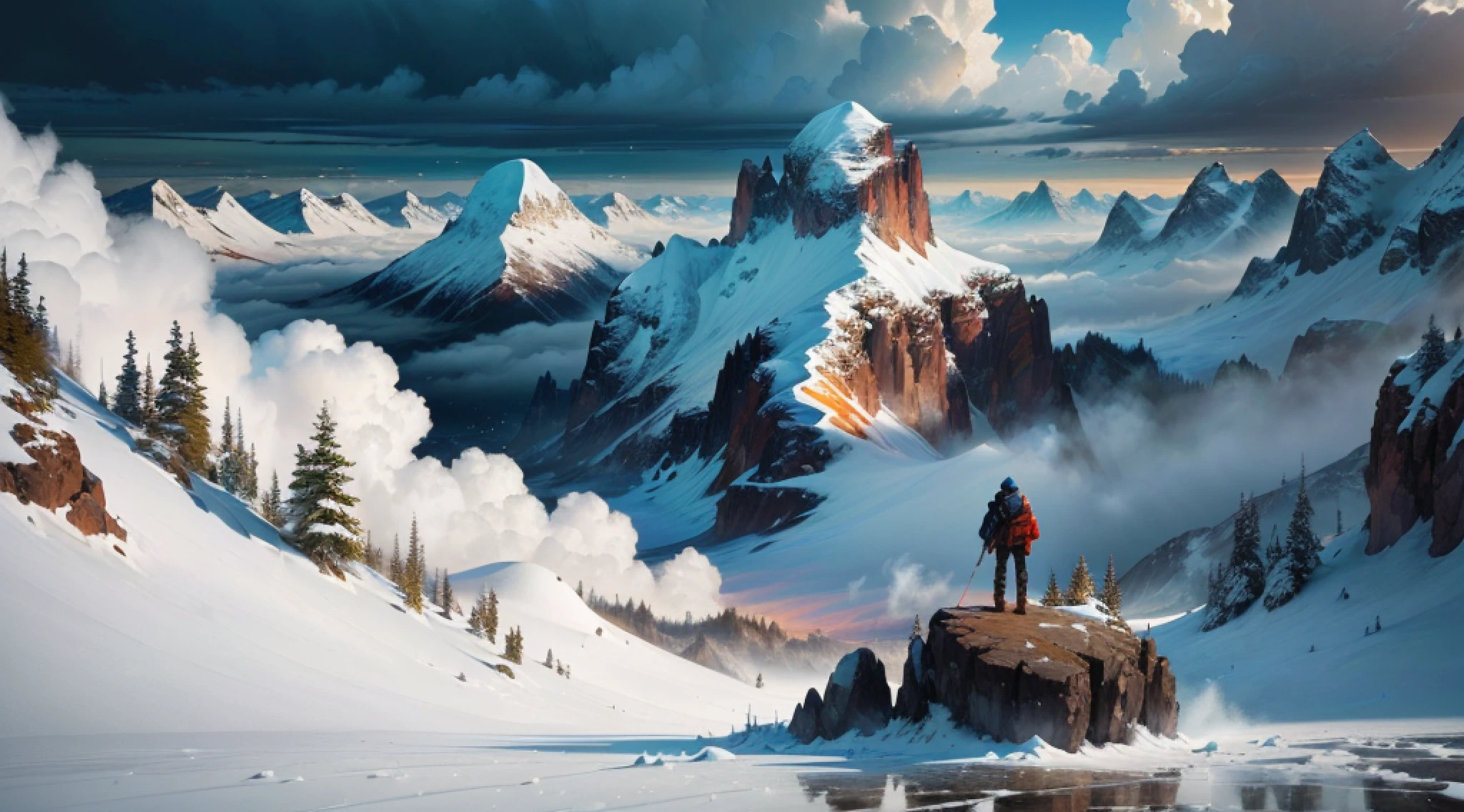 there is a man standing on a mountain top looking at the snow, 4k highly detailed digital art, inspired by Christopher Balaskas, james gurney and andreas rocha, inspired by Johannes Helgeson, marc adamus, concept art wallpaper 4k, inspired by Raphael Lacoste, concept art | rhads, illustration matte painting, inspired by Michael Komarck