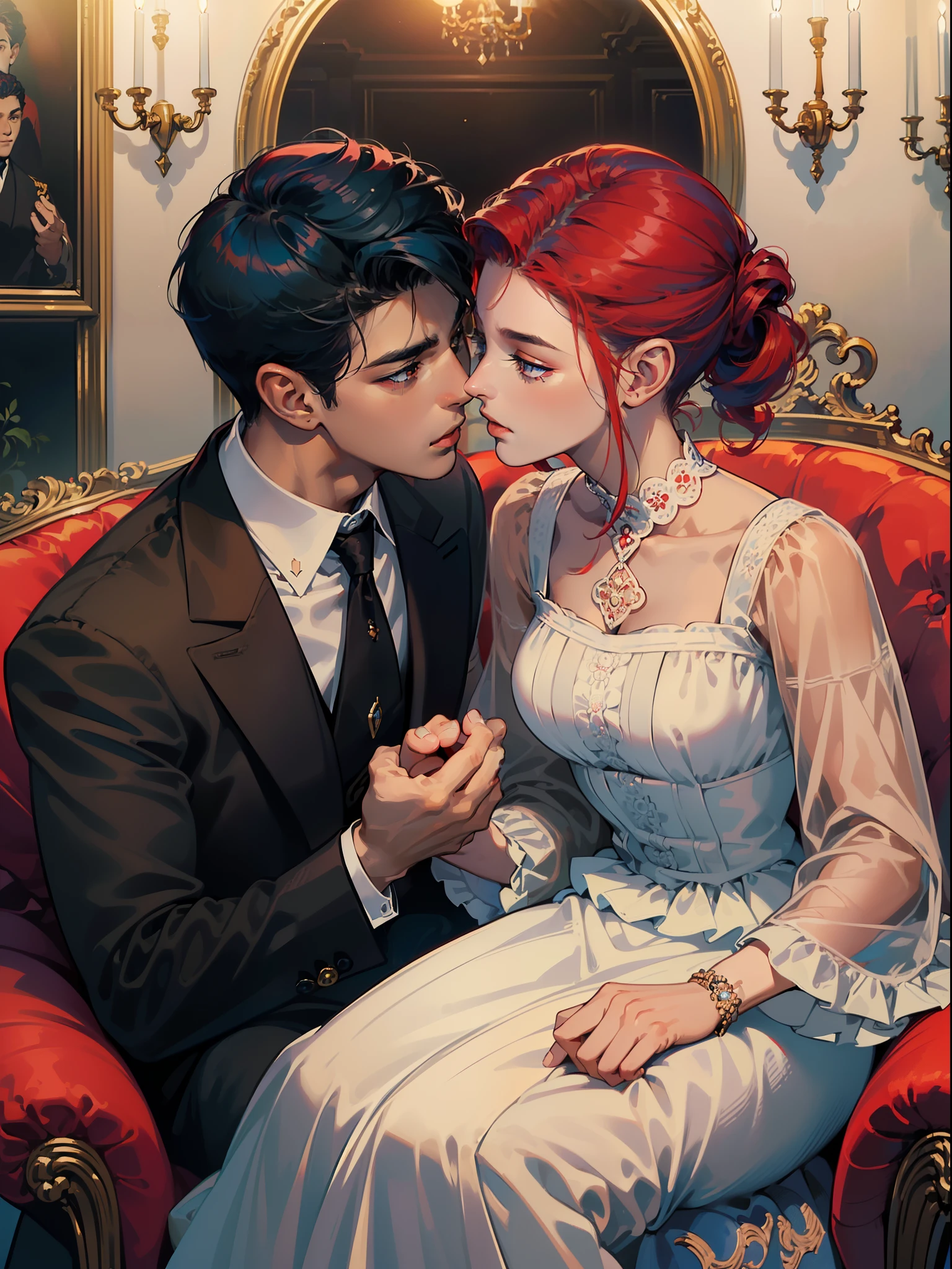 Redhead woman with her redhead boyfriend drinking wine and she sitting on his lap in the background of a room with luxury books written liam and snake