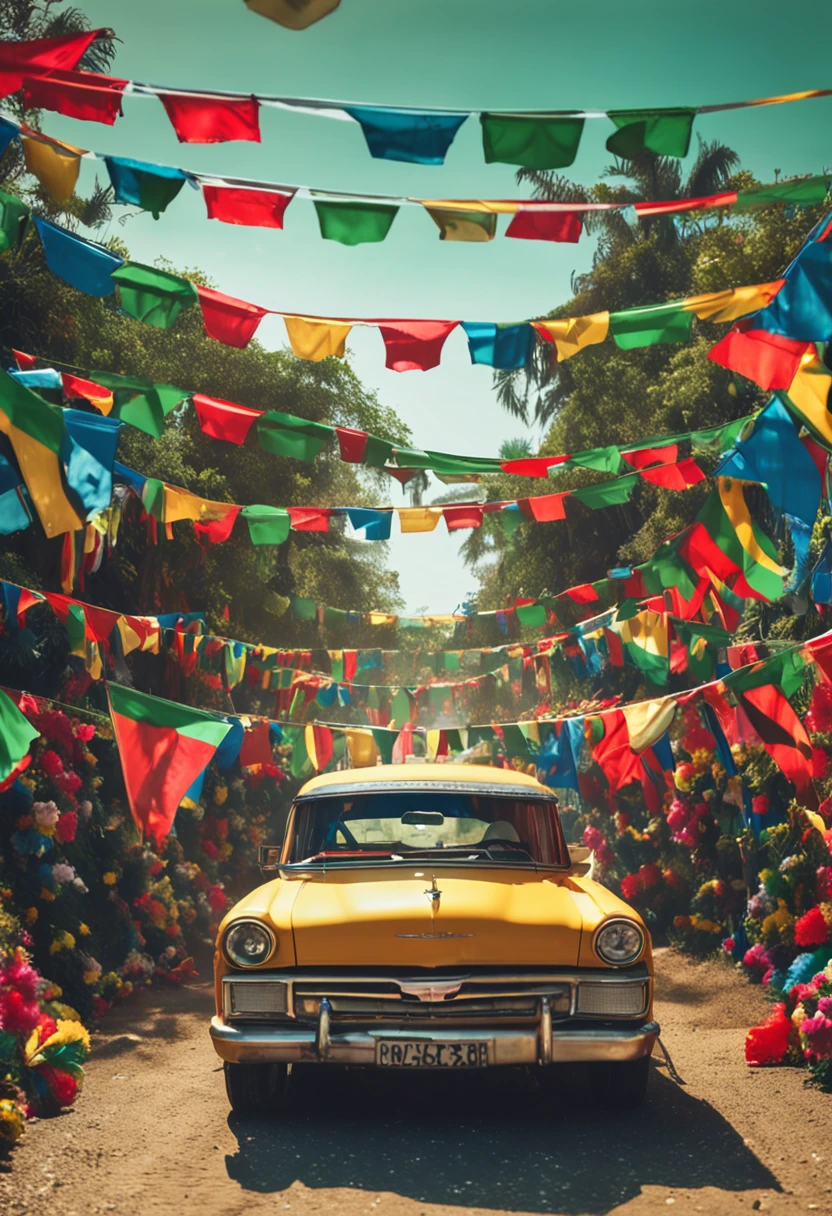 Cars are lined up on the side of the road with flags, Bandeiras verdes, carros na estrada, desfile,