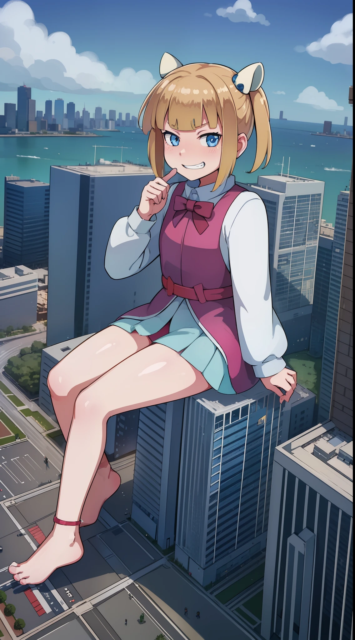 hiquality, tmasterpiece (One ) cute face, A smirk with teeth on his face, blonde hair with two short ponytails and a hair band. Blue eyes - children's bright clothes. panty, Barefoot - the background of the giantess, GTSCity, The city. building.