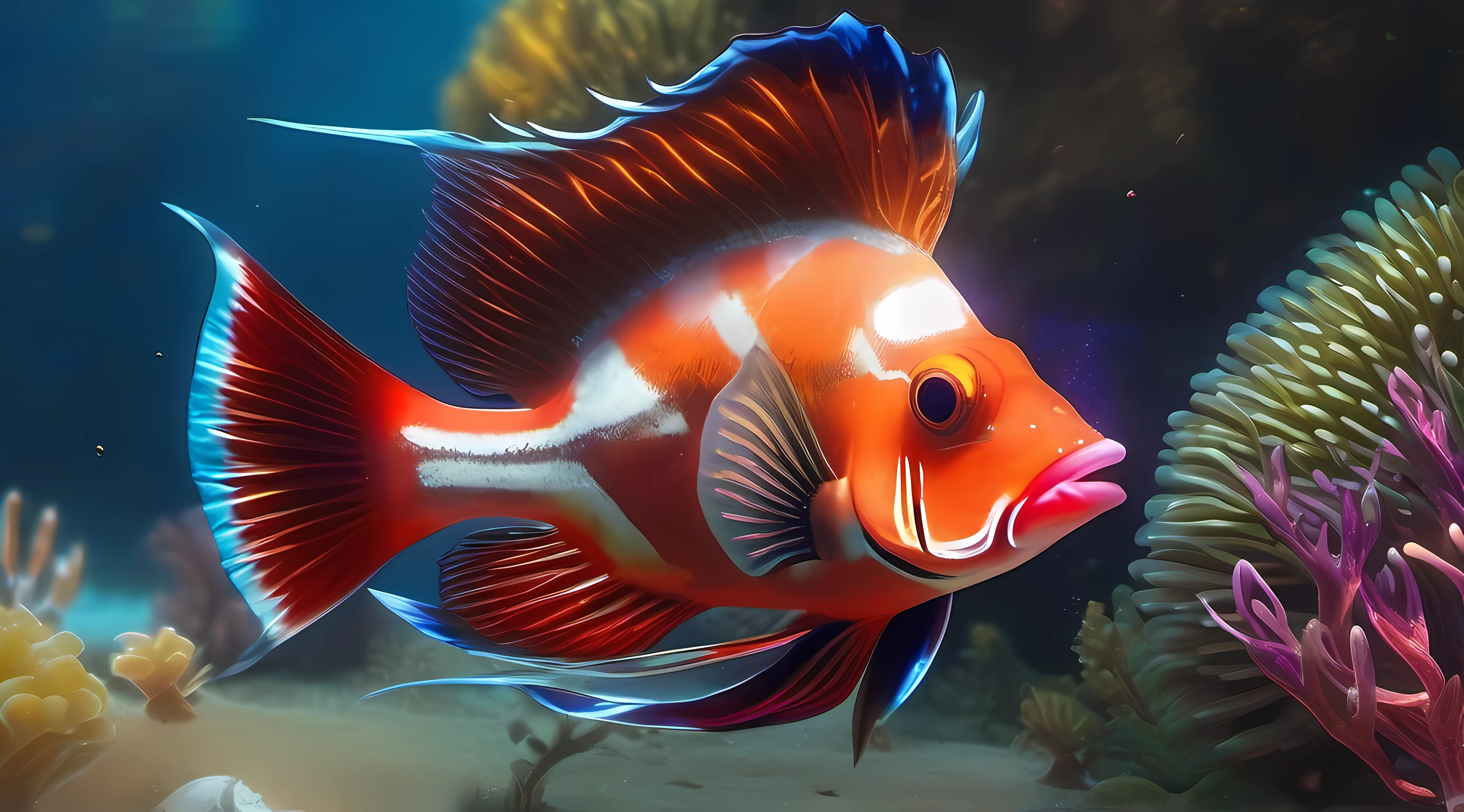 Imagem marinha, Underwater, exotic fish, bioiluminescente, plantas marinhas, corais, cores quentes, cinematic lighthing, detalhes intrincados, 8K
