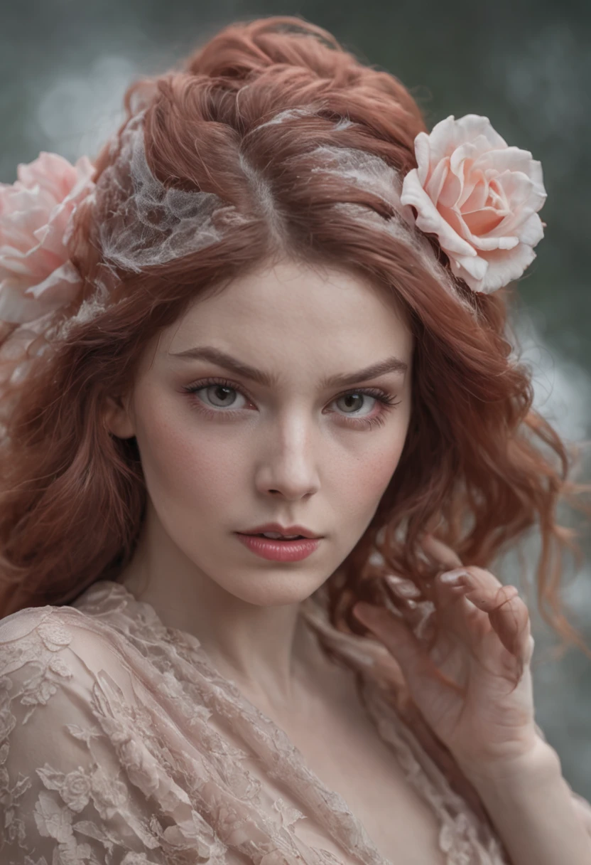 A zoomed-in view of a woman's face, captured in colors Very much a Live,A beautiful big rose in the hair,  With brightness  her eyes gazing directly at the viewer with an intense expression, her features etched with a sense of mystery and allure, surrounded by wisps of fog, adding an ethereal touch, Sculpture, carved from marble
