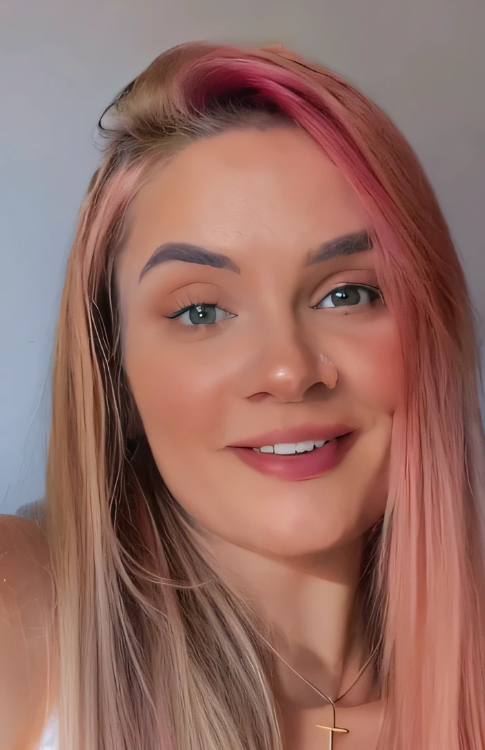 a close up of a woman with pink hair and a necklace, justina blakeney, pink face, sexy face with full makeup, brunette with dyed blonde hair, glowing pink face, blonde hair with pink highlights, sexy face, stunning closeupheadshot, pink hair, with pink hair, low quality video, close up face, face showing, pink straight hair