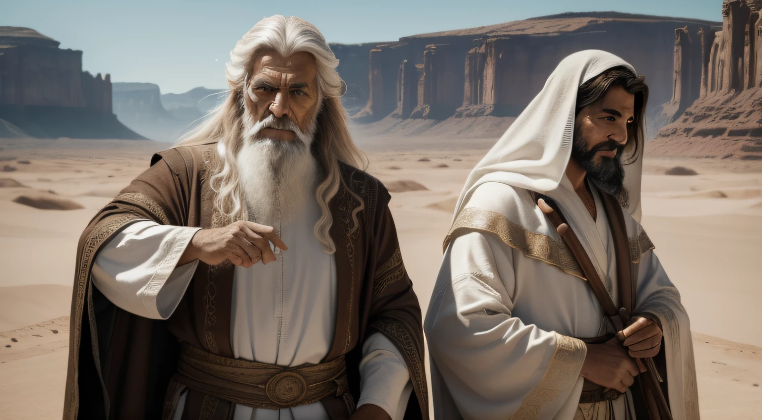 Generate four images from this text: Methuselah, A biblical figure of exceptional antiquity, es descrito como un hombre de estatura imponente, white long-haired that flows like the wisdom accumulated throughout its long life. Sus arrugas parecen mapas que cuentan historias de tiempos remotos. Su barba blanca y densa enmarca un rostro sereno y sabio, reflecting the years of experience he has accumulated. Wear earthy colored robes and texture-rich fabrics, symbolizing his connection to nature and his relationship with the Earth that he has seen prosper and change.... Sus ropajes parecen cargados de historia, y en cada pliegue se esconden las historias de las generaciones pasadas. A wooden cane carved in his hand, who has witnessed the years and who seems to emerge from the very root of his deep knowledge. His calm and deep gaze conveys the peace and wisdom that only the experience of a very long life can bestow........

estilo: realistic lighting: contraste y luz de fondo Fondo: desierto

Poses:

sentado en una roca, mirando al horizonte (imagen 1)
de pie, leaning on his cane, sonriendo (imagen 2)
Caminando por el desierto, with a reflective expression (imagen 3)
mirando hacia el cielo, with an expression of amazement (imagen 4)
Orden: 1, 2, 3, 4