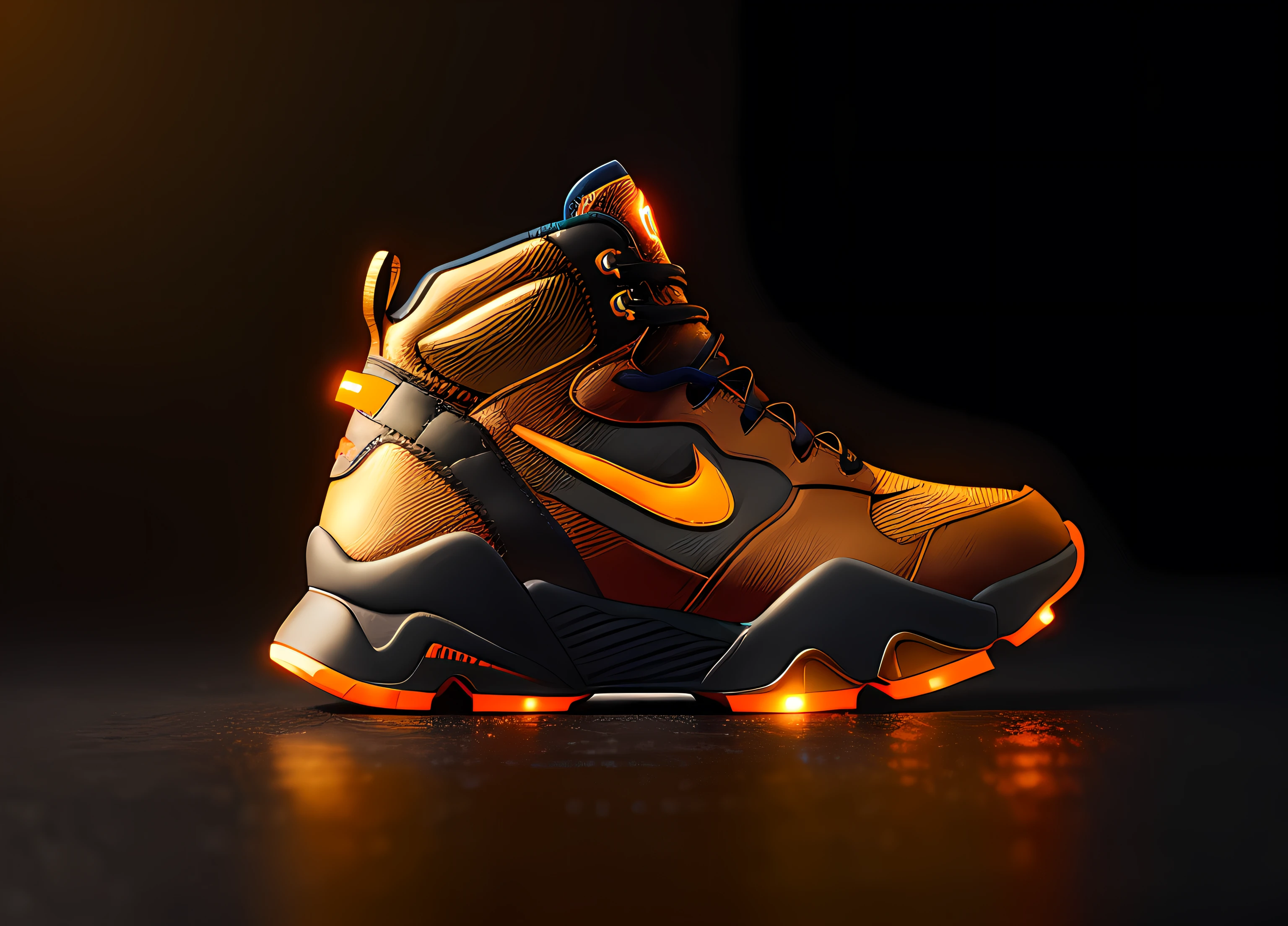 product photography of a cybepunk sneaker, epic rendering, octane, atmosphere, particles, soft volumetric lights, (backlit:1.3), (cinematic:1.3), intricate details of neon orange and black gold colors, detail,(side view),center of page