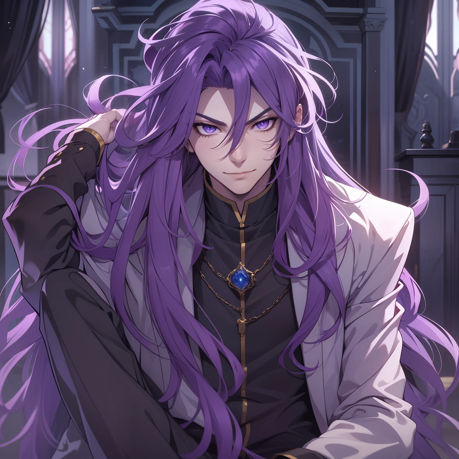 Man, seductive, calm, teasing gaze, wicked smile, long purple hair, purple eyes, young man, lord, Duke, anime