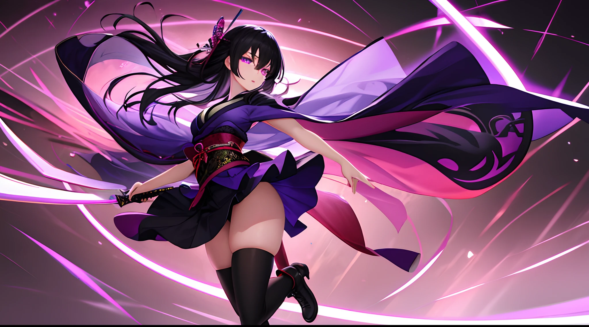 ((masterpiece, best quality, hiper detailed, highres, 16k, uhd)), 1girl, solo, sharp face, beautiful detailed face, dynamic angle, full body portrait, floating hair, expressive hair, long hair, black hair with purple highlight, purple eyes, beautiful detailed eyes, glowing purple eyes, black kimono with a short skirt, black highthighs, black boot, holding black katana, katana glowing purple,