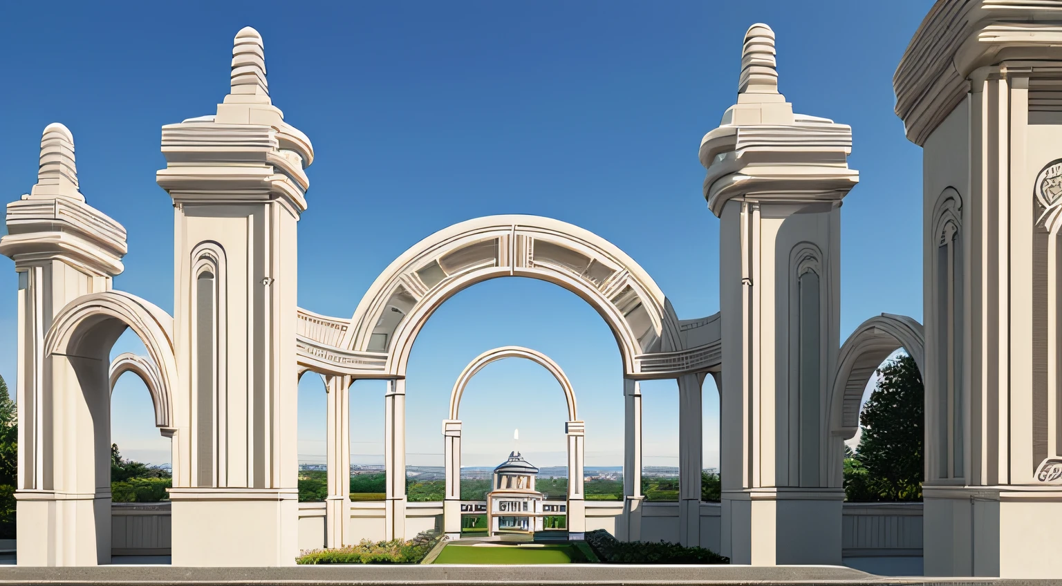 codeGeass、building、Ashford School、Constructivism、jugendstil、High quality photos、Art deco、architectural、Schools、chromatic aberration abuse、hightquality、high detailing、8K、European architecture、garden、archway、lawn、Wide blue sky、Horizontal position、landscape、Continuous arch in the garden、Lots of arches、by mucha、Art Deco architecture、archway、Wide sky、Skysky、clouds、Faraway view