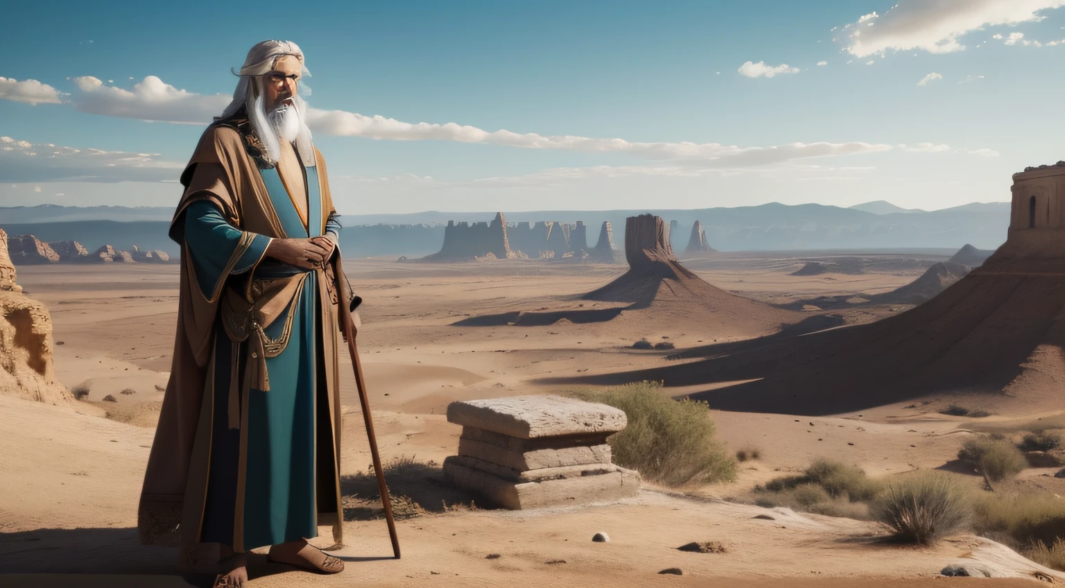 Generate four images from this text: Methuselah, A biblical figure of exceptional antiquity, es descrito como un hombre de estatura imponente, white long-haired that flows like the wisdom accumulated throughout its long life. Sus arrugas parecen mapas que cuentan historias de tiempos remotos. Su barba blanca y densa enmarca un rostro sereno y sabio, reflecting the years of experience he has accumulated. Wear earthy colored robes and texture-rich fabrics, symbolizing his connection to nature and his relationship with the Earth that he has seen prosper and change.... Sus ropajes parecen cargados de historia, y en cada pliegue se esconden las historias de las generaciones pasadas. A wooden cane carved in his hand, who has witnessed the years and who seems to emerge from the very root of his deep knowledge. His calm and deep gaze conveys the peace and wisdom that only the experience of a very long life can bestow........

estilo: realistic lighting: contraste y luz de fondo Fondo: desierto

Poses:

sentado en una roca, mirando al horizonte (imagen 1)
de pie, leaning on his cane, sonriendo (imagen 2)
Caminando por el desierto, with a reflective expression (imagen 3)
mirando hacia el cielo, with an expression of amazement (imagen 4)
Orden: 1, 2, 3, 4