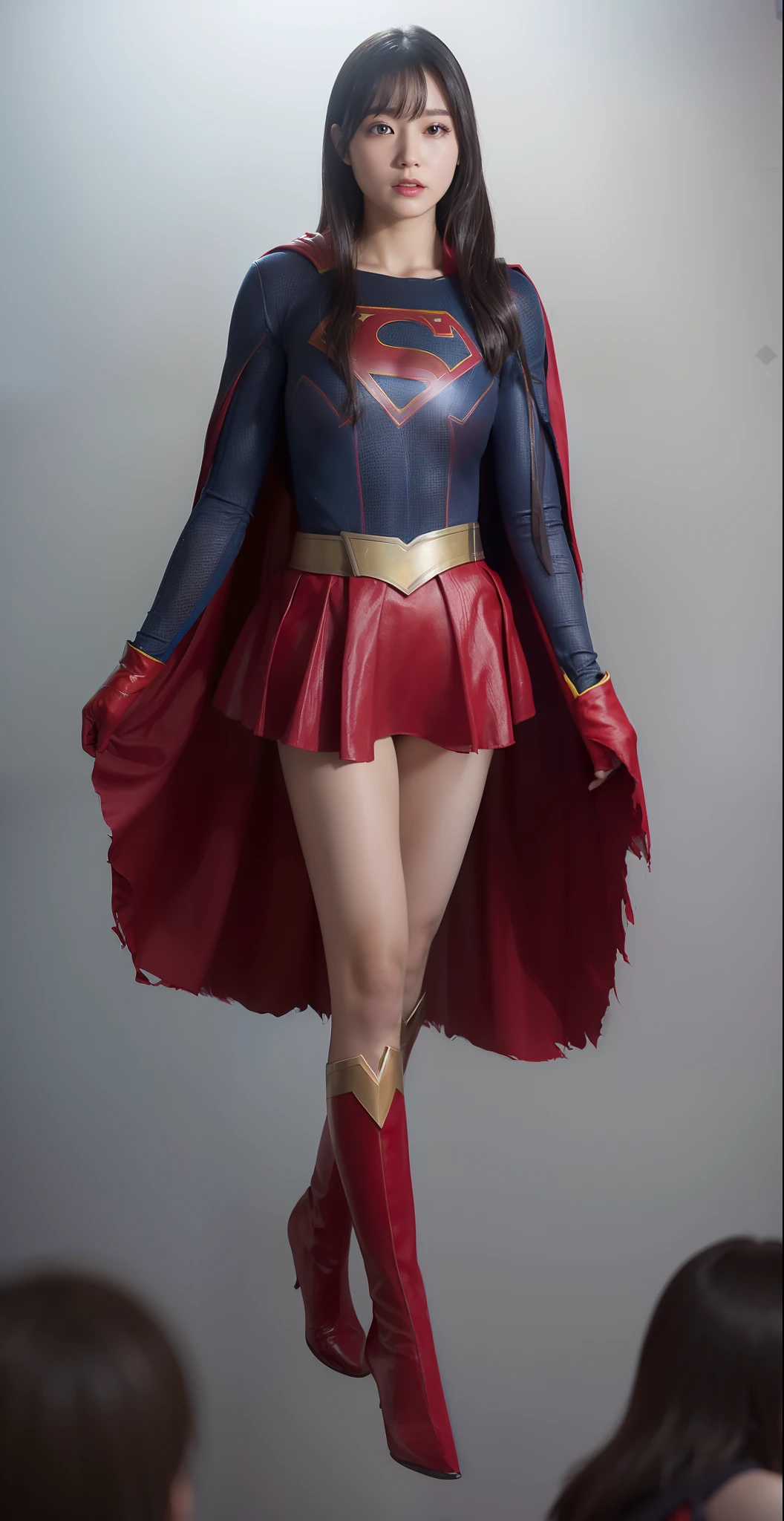 (((Make the most of the original image)))、(((Supergirl Costume)))、(((lustrous dark hair)))、(((Suffering)))、(((The cloak is red)))、((Wearing black stockings))、((Top image quality、8K))、((top-quality、8K、masterpiece:1.3))、Crisp focus:1.2、Beautiful woman with perfect body shape:1.4、Slender Abs:1.2、((layers-Cut、large boob:1.2))、a wet body:1.5、Highly detailed facial and skin texture、