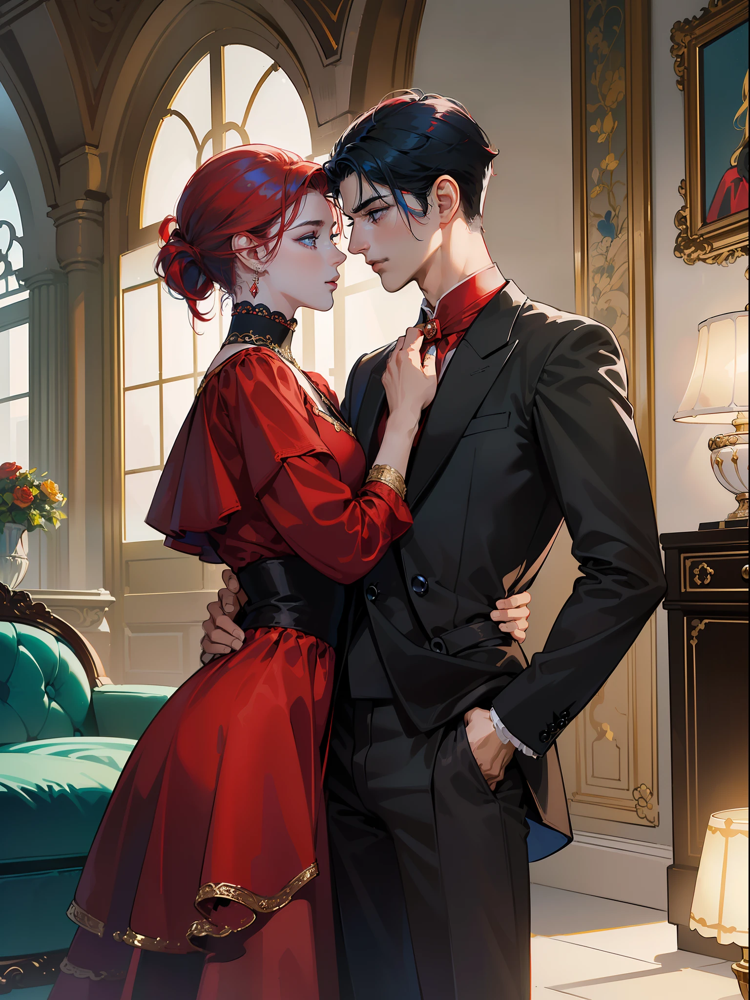 ((obras maestras)), mejor calidad, outstanding illustration, (((A couple seeing each other))), enfoque suave, (((1 chico de cabello negro corto))) (((ojos azules))), (((1 chica de (((Pelo rojo))) largo rizado))) (((ojos dorados))), Ropa victoriana, Victorian and magical romanticism, ambiente opulento y exquisito, Soft light and warm lighting.