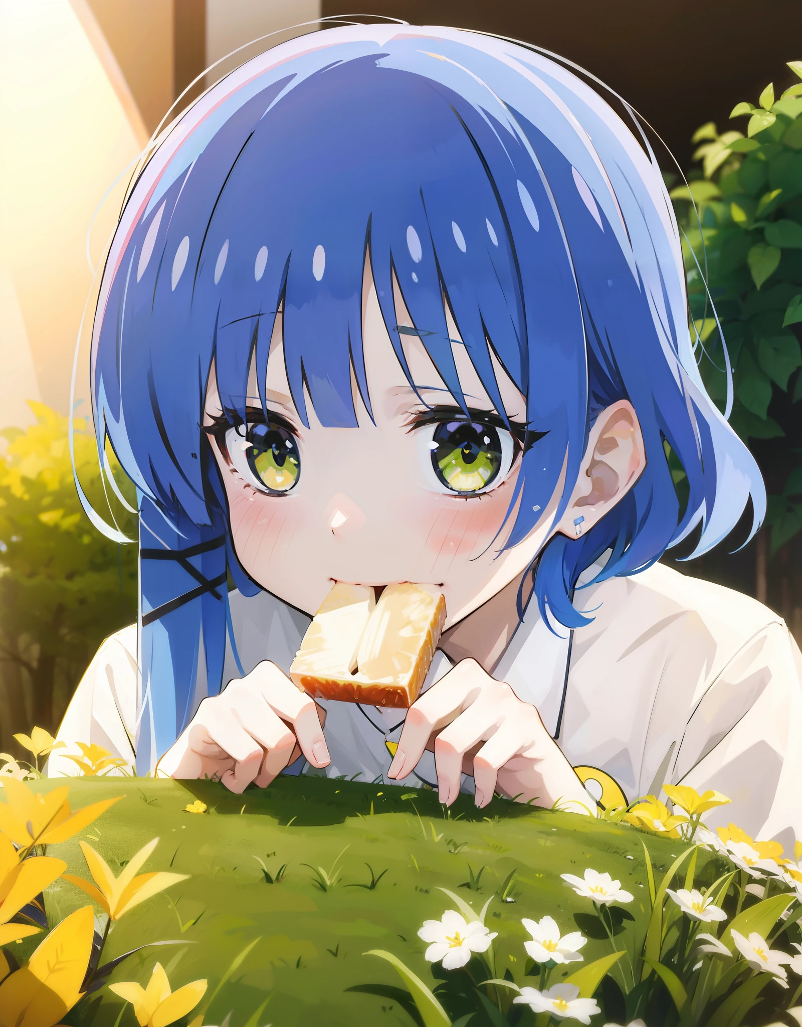 high resolution, 4k, ultra-detailed, 1girl, Ryo Yamada, smirk, eating grass