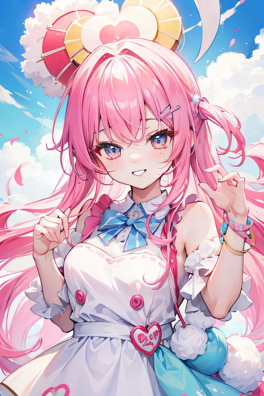 colorful hair like cotton candy, cute but not too tall, cheeky cheeks, and white skin with a sweet smile of bunny teeth
