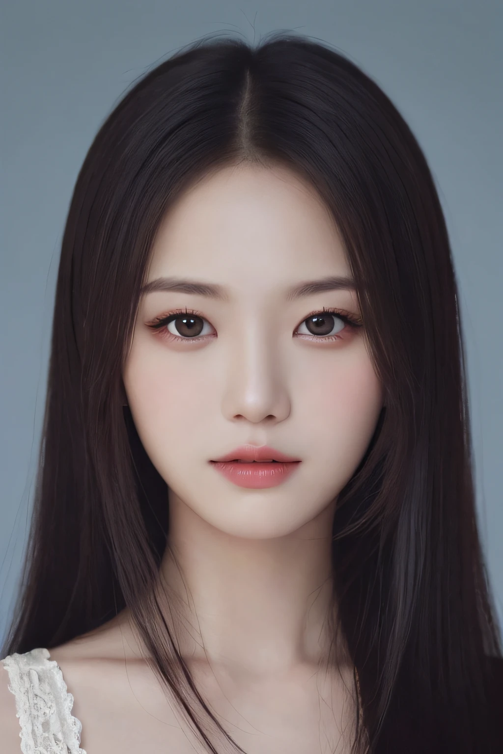 (detailed and realistic portrait of a girl with a clean face), (round eyes and long flutters hair shot outside),staring at camera,magical photography, with dramatic lighting, photo realism, Ultra-detailed, intimate portrait composition, (centered image composition),(close up shot:1.6),Best Quality,f/1. 8, 85mm, (28years asian woman), black_heads,(black_eyes:1.2),(bangss),makeups,white_one-piece, (hazy blue_sky_Background with)