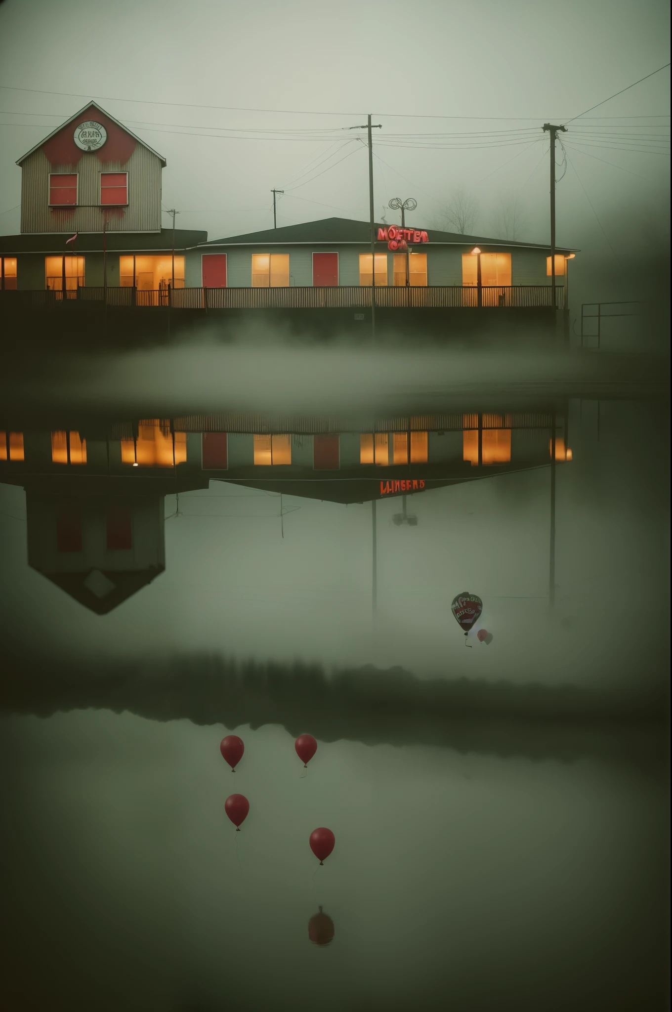 Nostalgic but unsettling photos、Images in a dream、uneasy、deep in the night、motel、Motel Area、foggy、Sateen、reflection、Clown with balloon、Particle、Grainy photo、Film Touch、horor、wide angles、wide-angle lens、