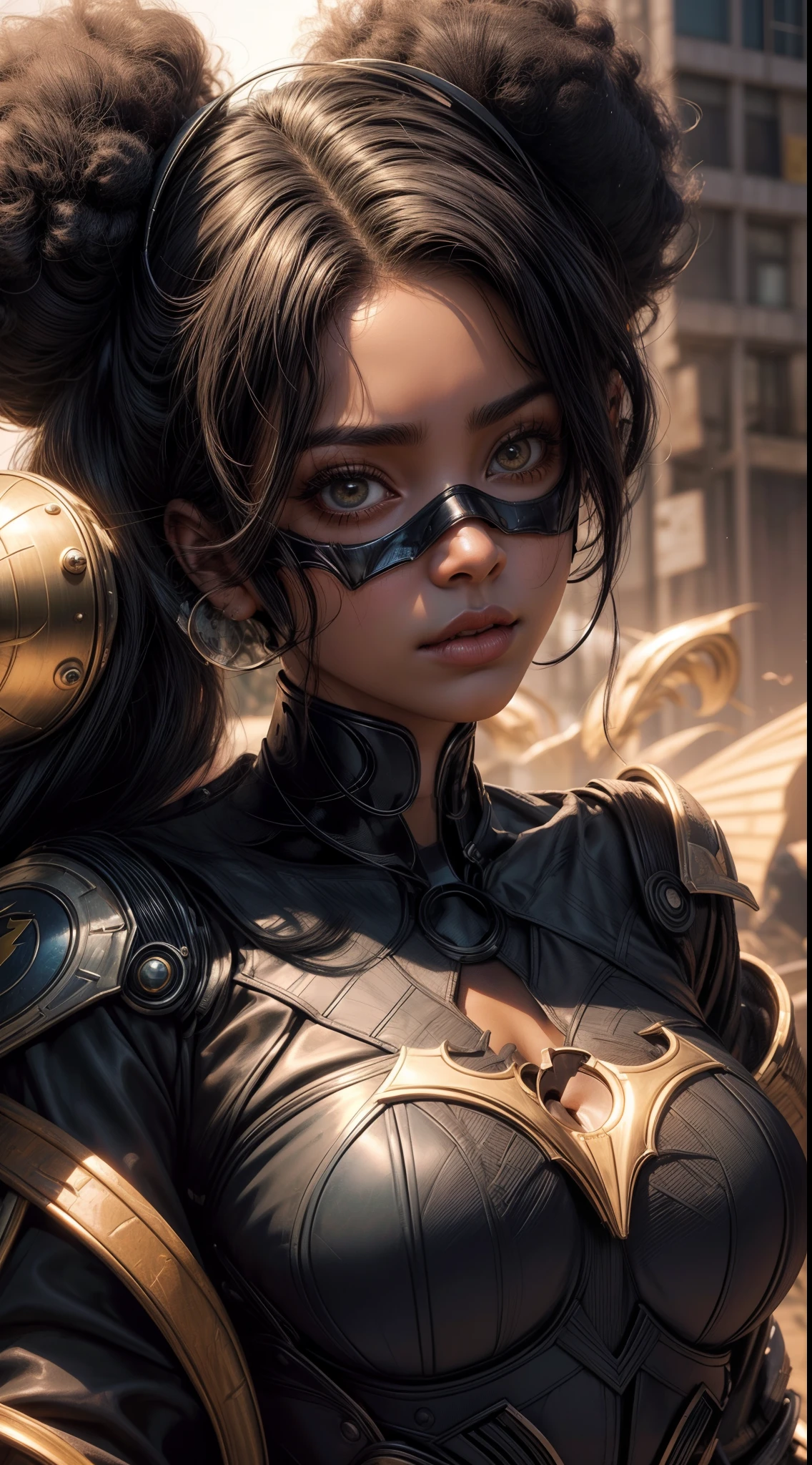 1 closeup de uma (garota 18 anos afro americana)batgirl negra ((AFRO AMERICANA)), cabelo curto, ((Using Batgirl's mask))with hat ((cabelo curto e liso com franja)), fear expression, assustada,,( fleshy lips)olhos grandes,sardas no rosto de ,batom vermelho,( pircing on the lip),colar, brinco, e maquiagem, Angle of the face up close, perfil,Looking at camera
