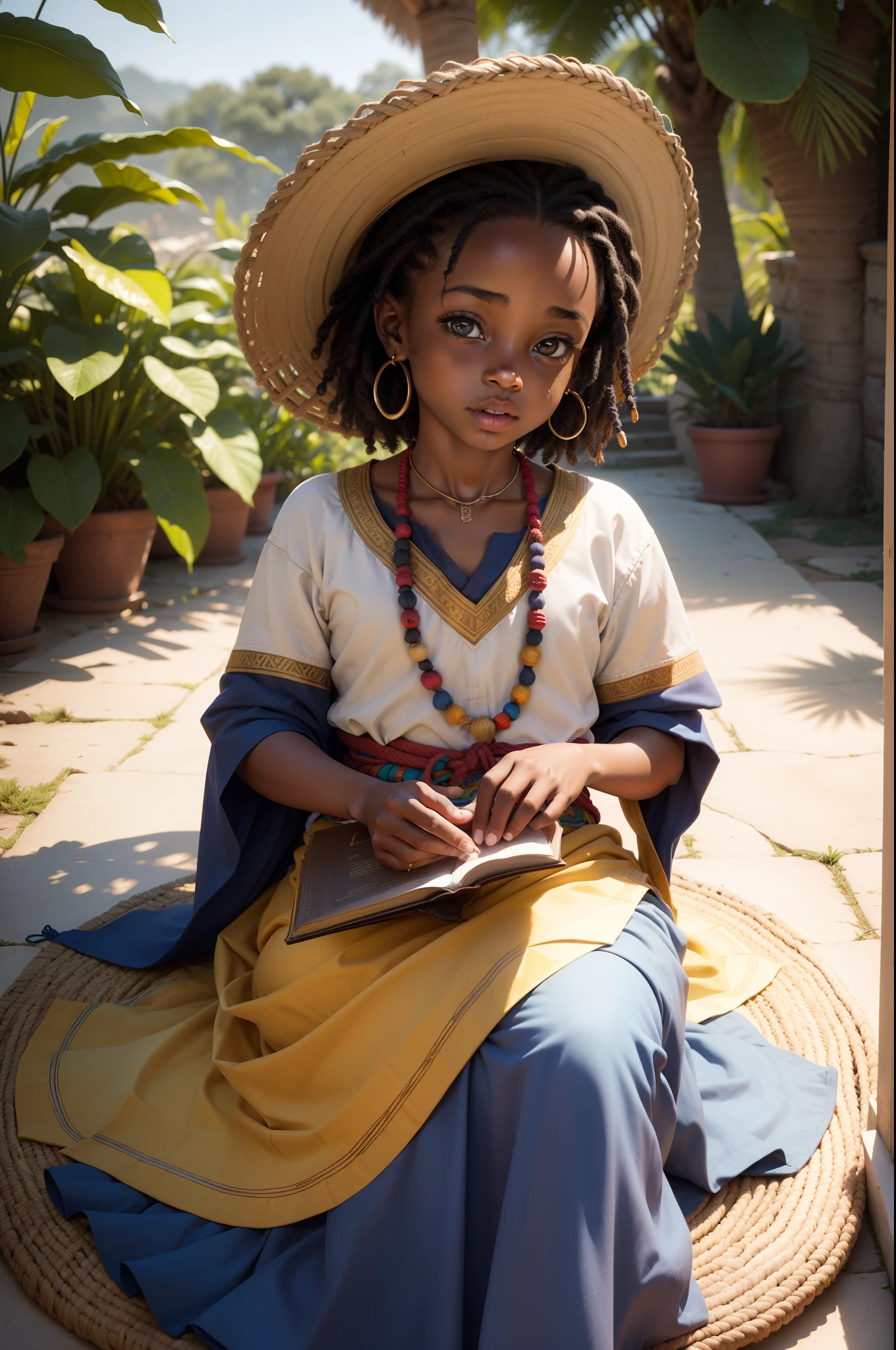African-American child "We explore the power of storytelling play, revealing how ancestral narratives are transmitted and celebrated through play. As African children engage in these activities, they become guardians of oral tradition, keeping alive the flame of the stories that have shaped their cultures and communities.", ((melhor qualidade)), ((master part)), (ultra-detalhado), alta qualidade, roupas tradicionais da Cultura Africana, detalhes intrincados, natural lighting, ao ar livre, Cores quentes, (Bokeh), (sharp focus on eyes), (Rosto altamente detalhado, textura da pele, boca, olhos, nariz, Sobrancelha, Orelhas, Boca, toes, fingers),(postura do corpo, Anatomicamente corretas,sem falhas).