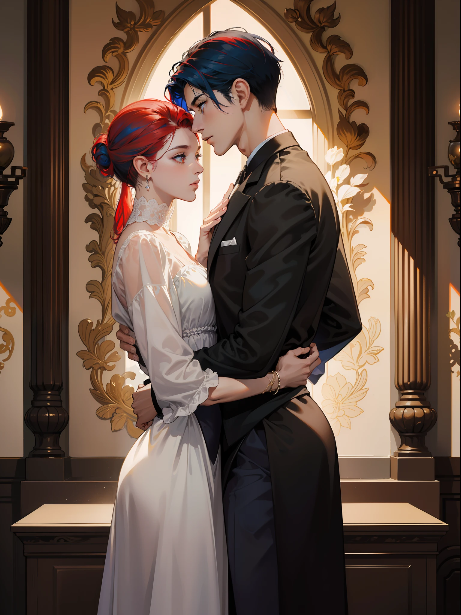 ((obras maestras)), mejor calidad, outstanding illustration, (((A couple seeing each other))), enfoque suave, (((1 chico de cabello negro corto))) (((ojos azules))) (((ropa de mago oscuro))), (((1 chica de (((Pelo rojo))) largo rizado))) (((ojos dorados))) (((vestivo de novia elaborado y hermoso))), Ropa victoriana, Victorian and magical romanticism, ambiente opulento y exquisito, Soft light and warm lighting.