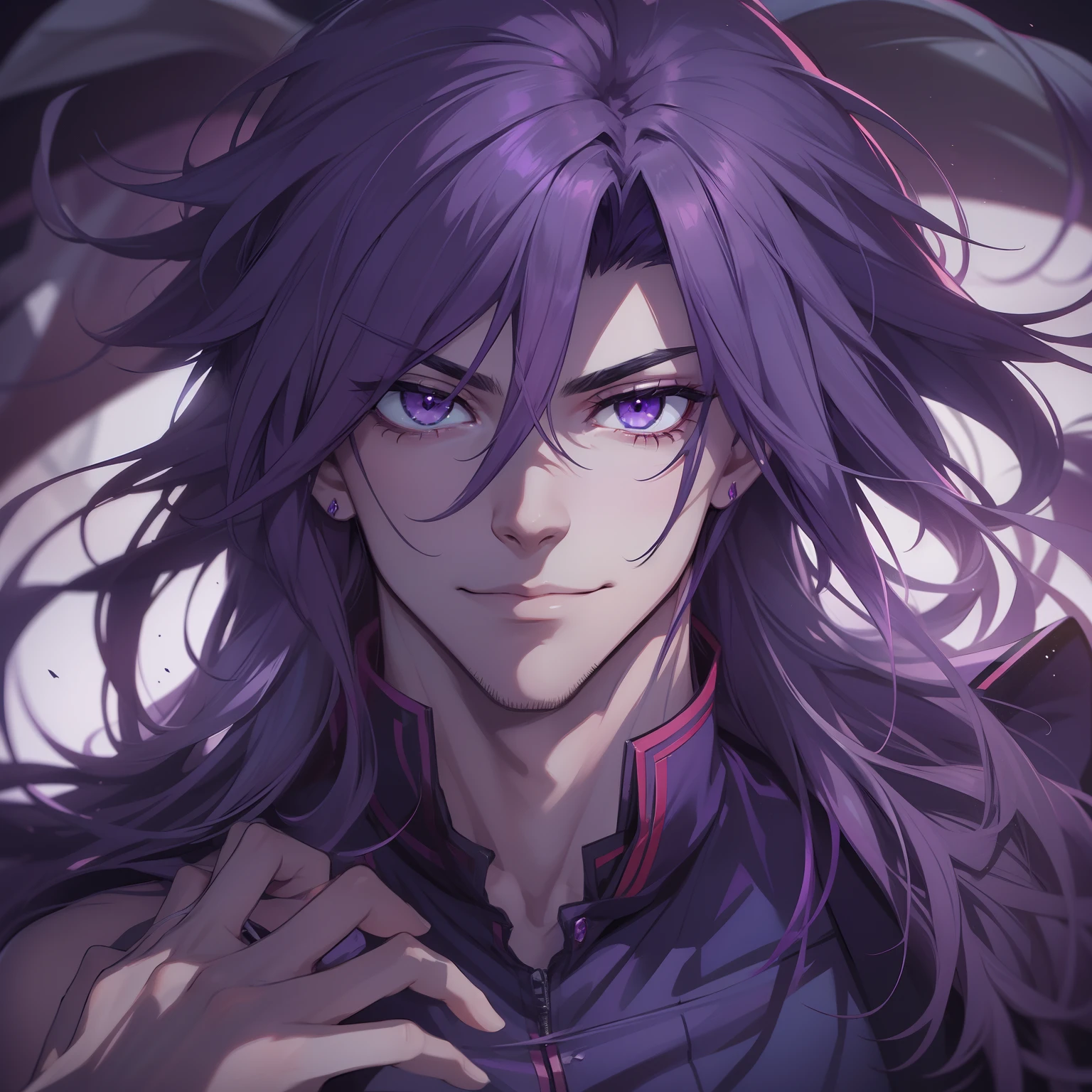 Man, seductive, calm, teasing gaze, wicked smile, long purple hair, purple eyes, young man, lord, Duke, anime