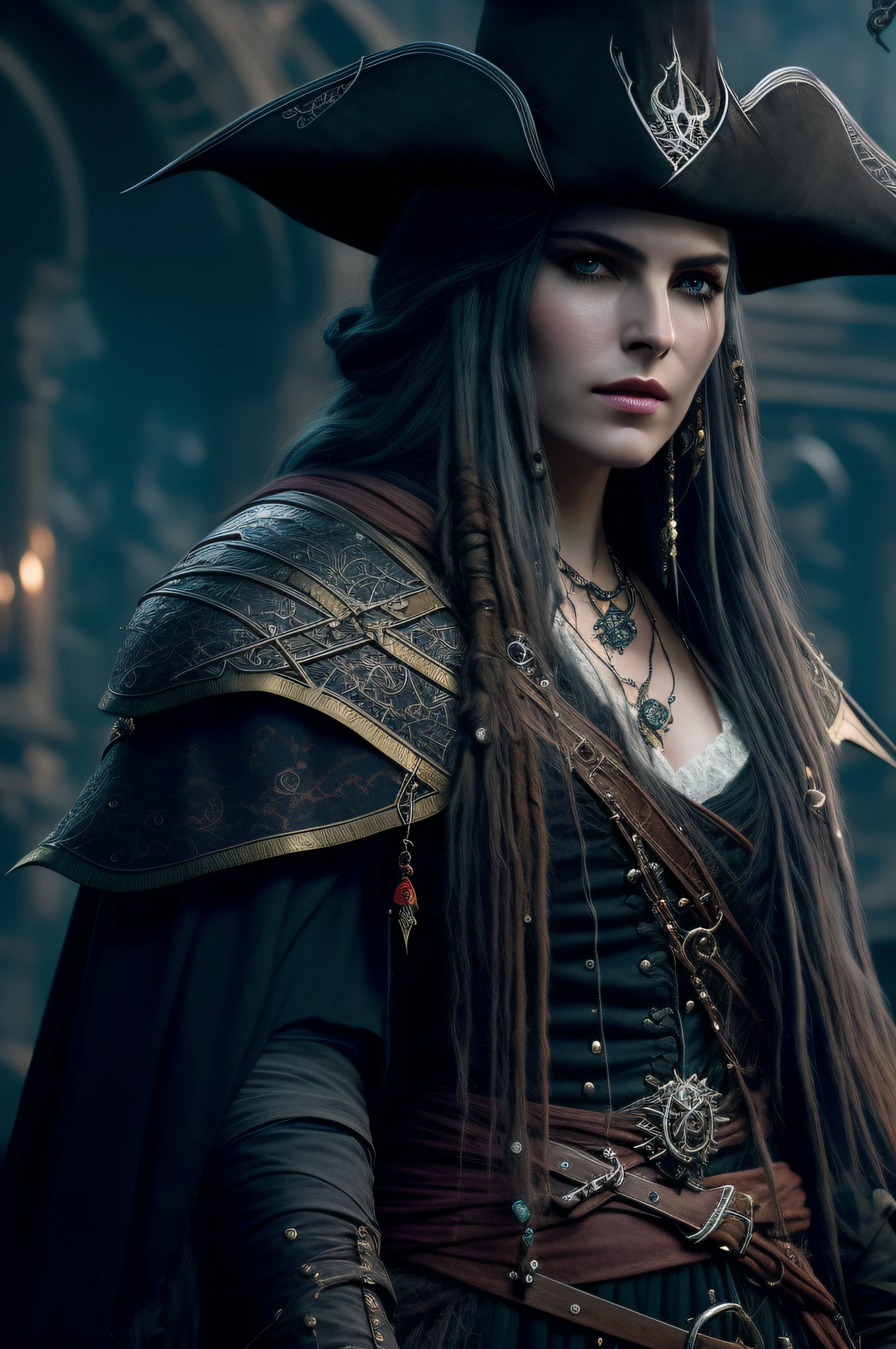 stunningly beatuiful pirate,elden ring, dark arts, bloodborne, the witcher, full body portrait ,sharp lense, professional photographie, 70mm lense, detail love, good quality, unreal engine 5, wallpaper, colerful, highly detailed, 8k, soft light, photo realistic