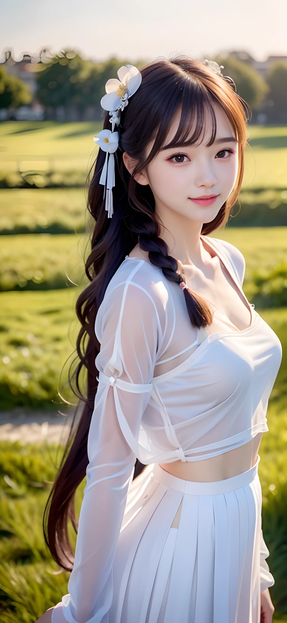 18-year-old smiling female classmate，Pure，Innocent，（best qualtiy，8K，tmasterpiece:1.3），Goose egg face，largeeyes，long eyelasher，Exquisite（live-action realistic style），Star-like eyes，Ultimate face，Photorealistic light and shadow，Clear facial features，Milky white skin，Fair skin， highdetailskin， Realistic skin details， Visible Pore，（Super detail），（perfect bodies：1.1），Two braids，Hanfu，Ribbons，（dynamicposes），((Dynamic background((volumettic light：1.3)) ，grassy fields，school ground
