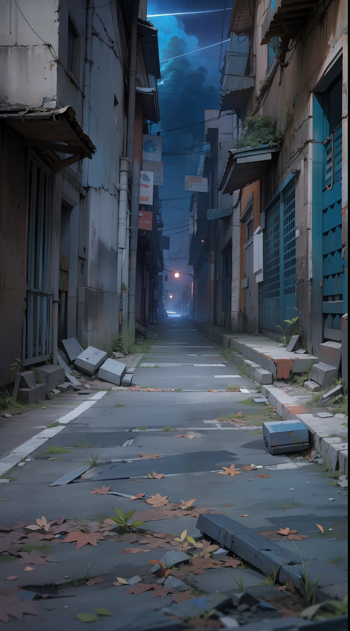 escena de un ciudad futurista abandonada de un estrecho callejon oscuro y misterioso, tonos principales de color grises y azules, estilo postapocaliptica,humo denso, llena de escombros y suciedad, chatarra oxidada tirada por la calle, paredes de cemento con grietas, por el suelo crece un poco de hierba muy verde que desentona con el ambiente oscuro y apagado, de fondo de noche, cielo lleno de estrellas