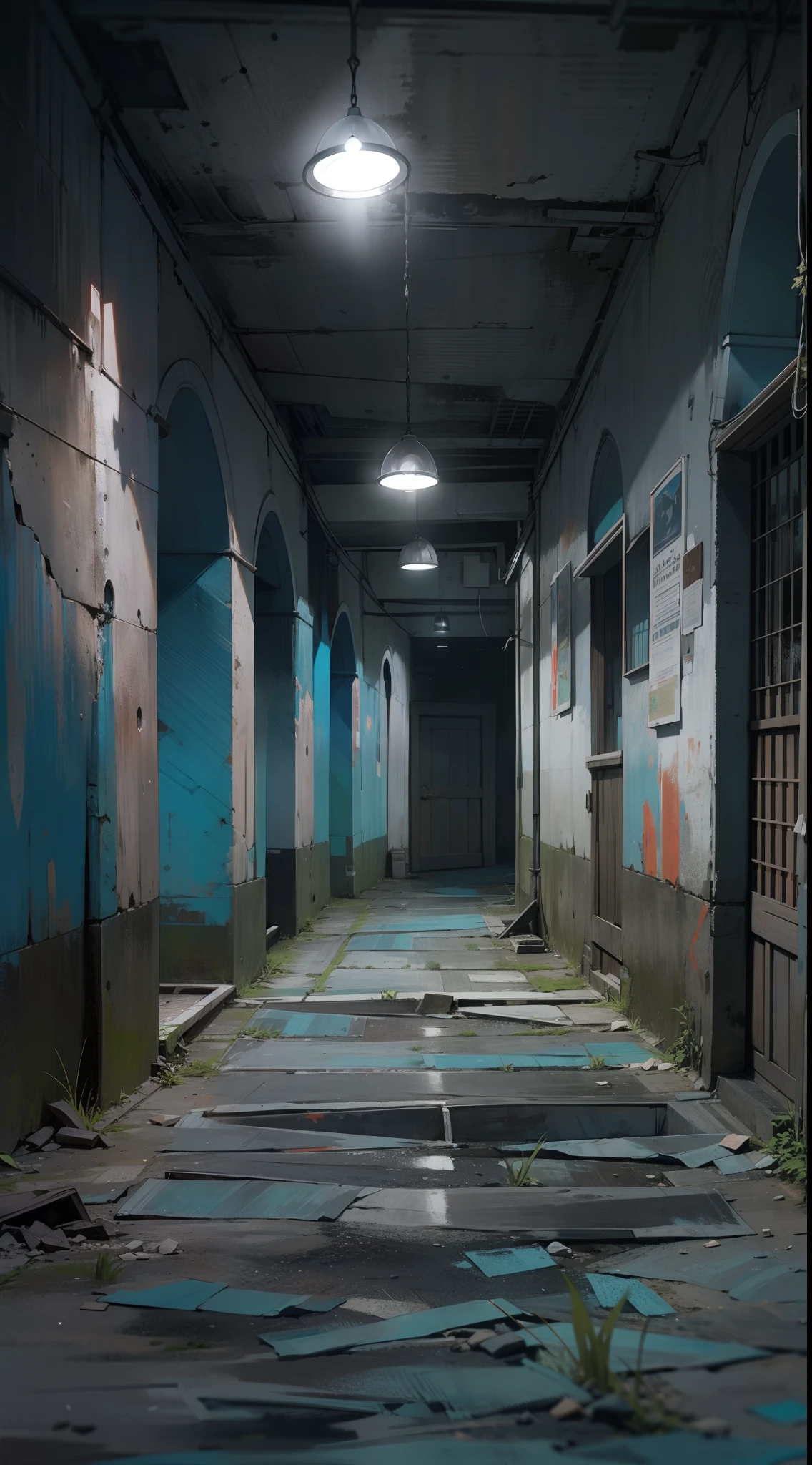 escena de un ciudad futurista abandonada de un estrecho callejon oscuro y misterioso, tonos principales de color grises y azules, estilo postapocaliptica,humo denso, llena de escombros y suciedad, chatarra oxidada tirada por la calle, paredes de cemento con grietas, por el suelo crece un poco de hierba muy verde que desentona con el ambiente oscuro y apagado, de fondo de noche, cielo lleno de estrellas
