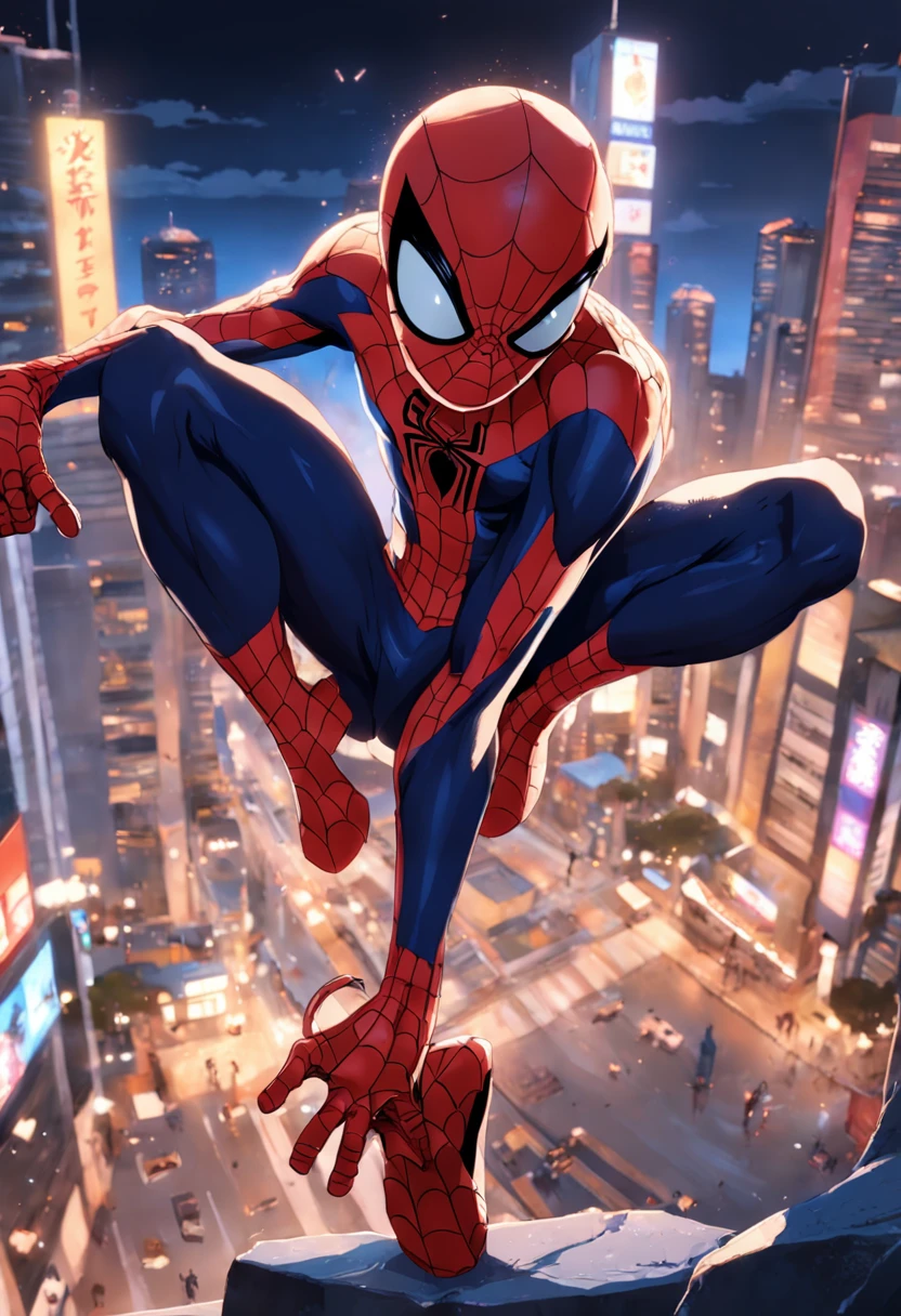 homem aranha em cima de um arranha ceu cena de filme 8k,:n_desenho,Imperfection,baixa qualidade,jogo, anime, mulher, tirar texto e assinatura