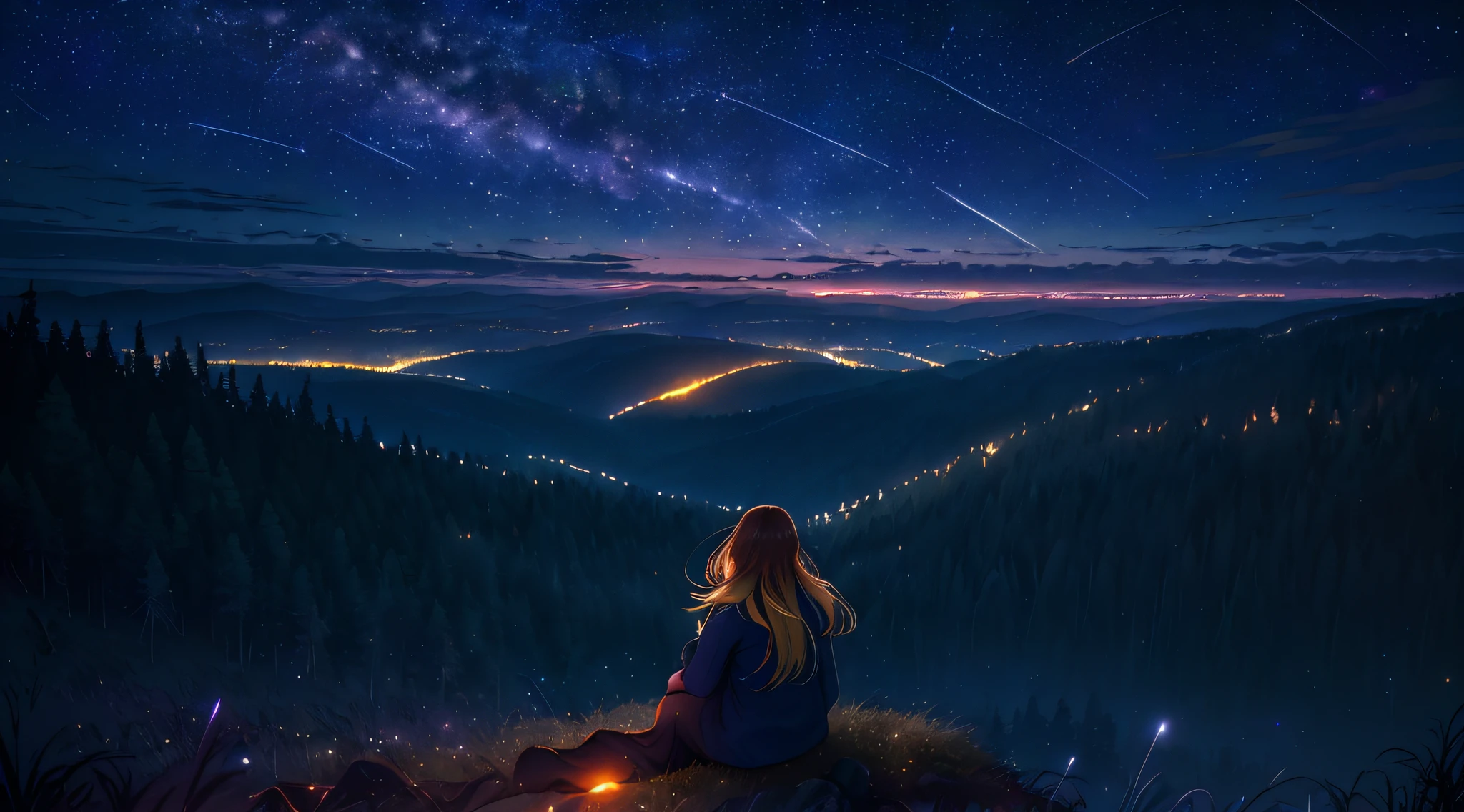 "(vibrant night sky:1.2 + shooting stars:1.1), forest, moody atmosphere, (1girl:1.1) sitting on a hill, looking up, facing away, astrophotography, atmospheric moonlight, highres, distant city"