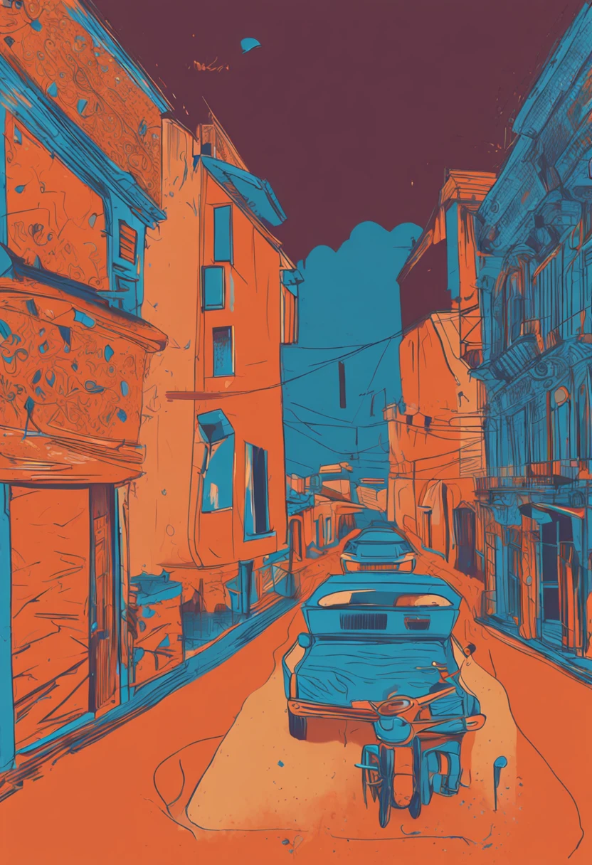crie um blackgroundl, arte de fundo, pintura digital, pouco detalhamento, azul escuro com laranja