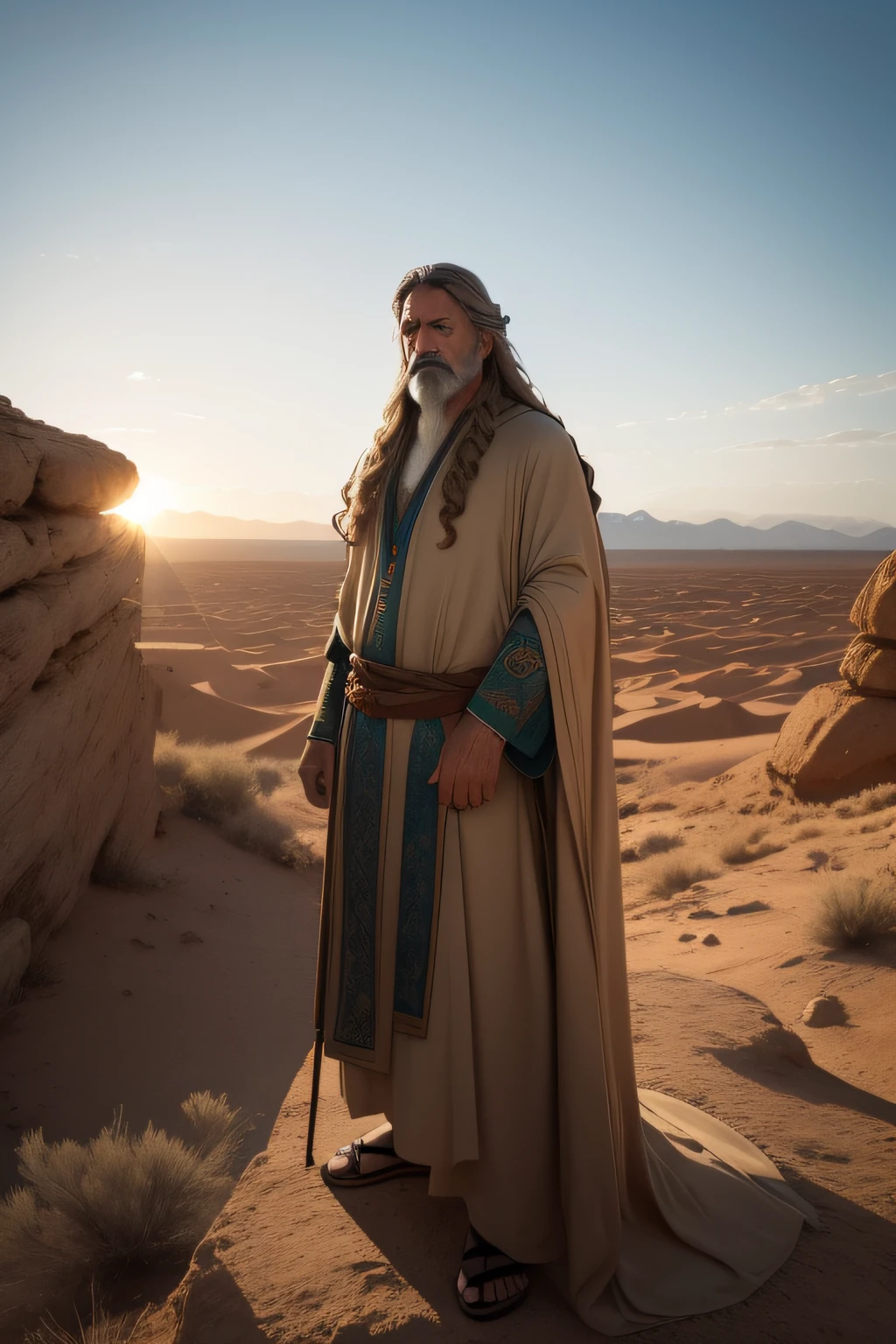 Generate four images from this text: Methuselah, A biblical figure of exceptional antiquity, es descrito como un hombre de estatura imponente, long-haired white flowing like wisdom accumulated throughout its long life. Sus arrugas parecen mapas que cuentan historias de tiempos remotos. Su barba blanca y densa enmarca un rostro sereno y sabio, reflecting the years of experience he has accumulated. Wear earthy colored robes and texture-rich fabrics, symbolizing his connection to nature and his relationship with the Earth that he has seen prosper and change.. Sus ropajes parecen cargados de historia, y en cada pliegue se esconden las historias de las generaciones pasadas. A wooden cane carved in his hand, who has witnessed the years and who seems to emerge from the very root of his deep knowledge. His calm and deep gaze conveys the peace and wisdom that only the experience of a very long life can bestow....

estilo: realistic lighting: contraste y luz de fondo Fondo: desierto

Poses:

sentado en una roca, mirando al horizonte (imagen 1)
de pie, leaning on his cane, sonriendo (imagen 2)
Caminando por el desierto, with a reflective expression (imagen 3)
mirando hacia el cielo, with an expression of amazement (imagen 4)
Orden: 1, 2, 3, 4