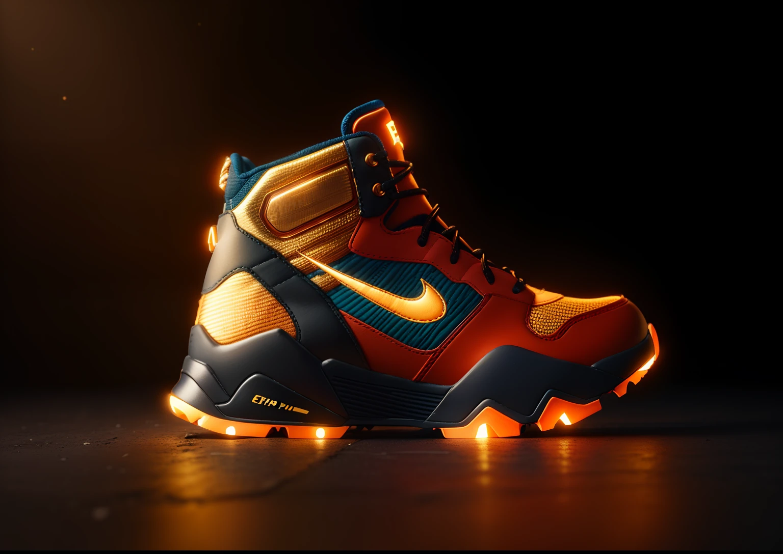 product photography of a cybepunk (white) sneaker, epic rendering, octane, atmosphere, particles, soft volumetric lights, (backlit:1.3), (cinematic:1.3), intricate details of neon orange and black gold colors, detail,(side view),center of page