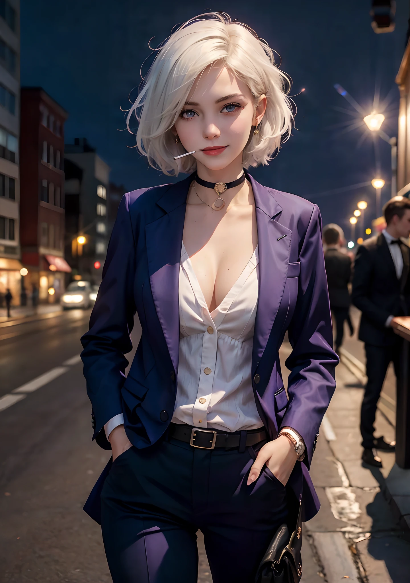 (masterpiece, best quality:1.2), cowboy shot, solo, 1girl, white hair, short wavy hair, purple eyes, average breasts, slender body, light smile, looking at viewer, hands in pockets, lady office suit, cleavage, choker, cityscape scenery, street, night light, night time, smoking cigarette, cigsmoker